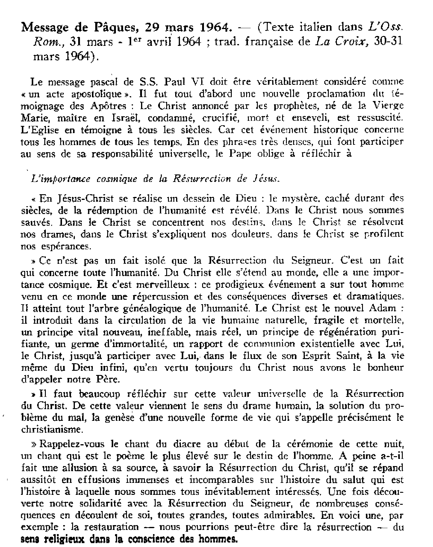 Message de Pâques (29 mars 1964)