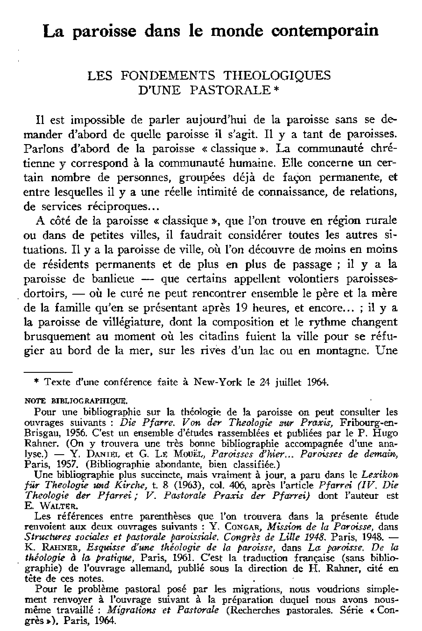 La paroisse dans le monde contemporain. Les fondements théologiques d'une pastorale