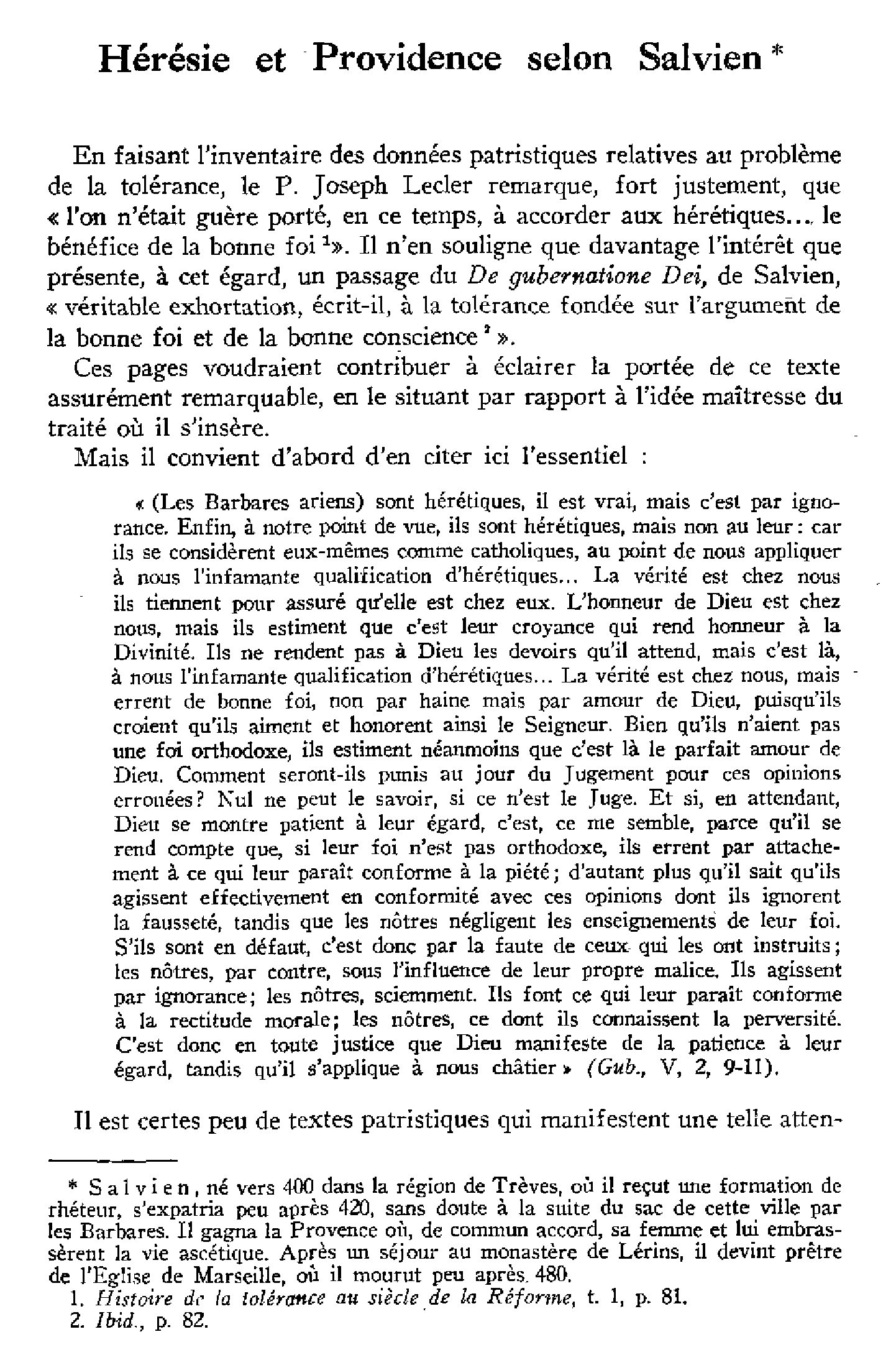 Hérésie et Providence selon Salvien