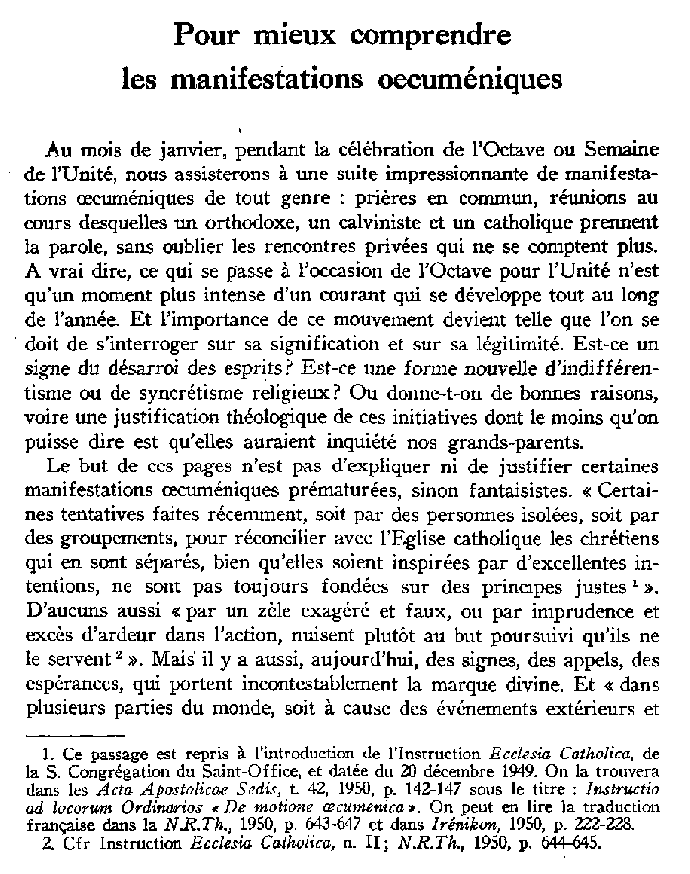 Pour mieux comprendre les manifestations oecuméniques