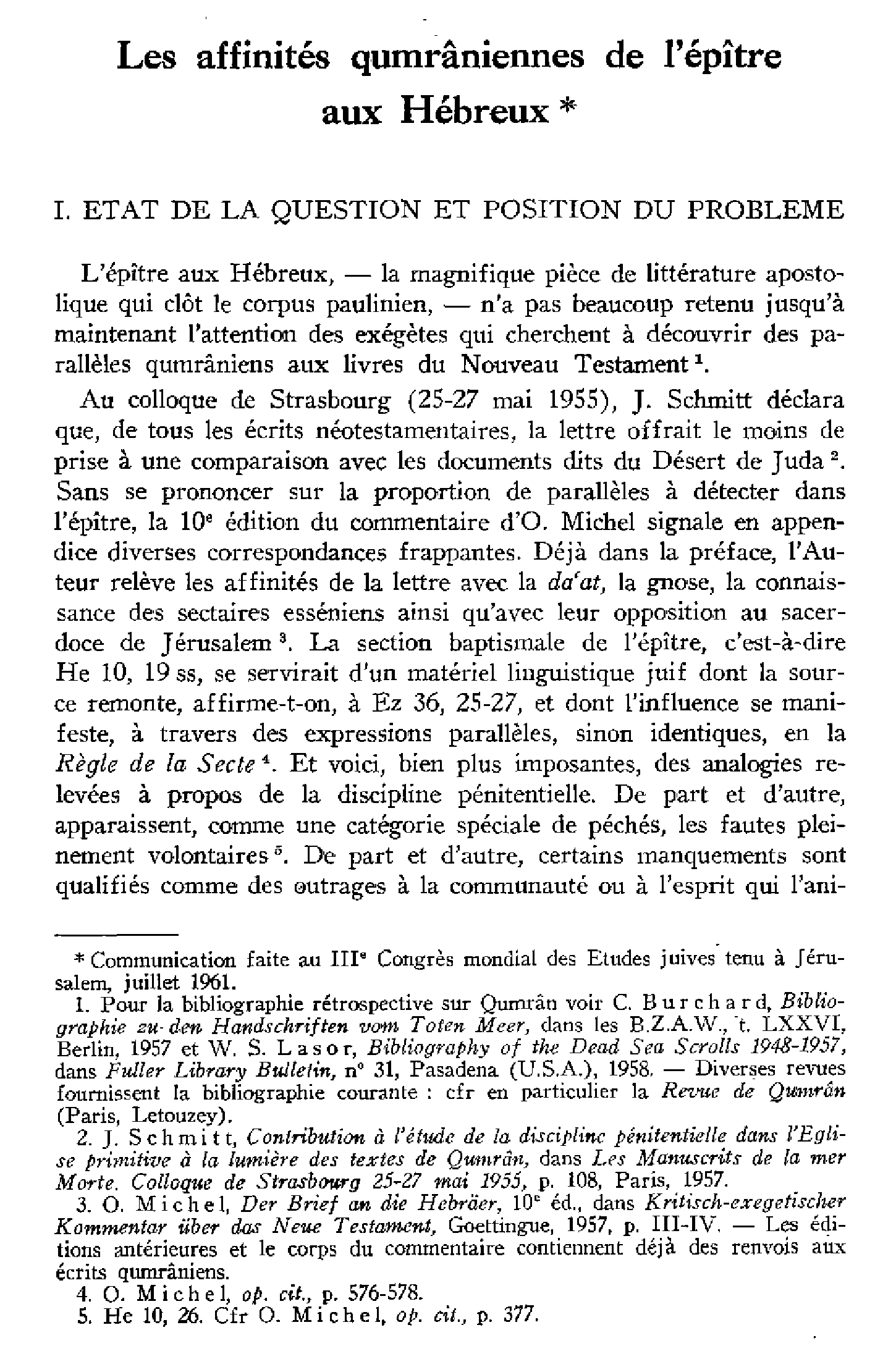 Les affinités qumrâniennes de l'épître aux Hébreux (à suivre)