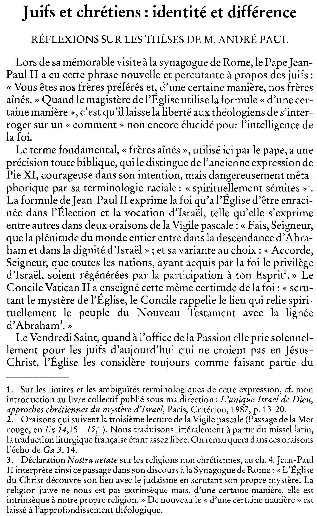 Juifs et chrétiens: identité et différence. Réflexions sur les thèses de M. André Paul