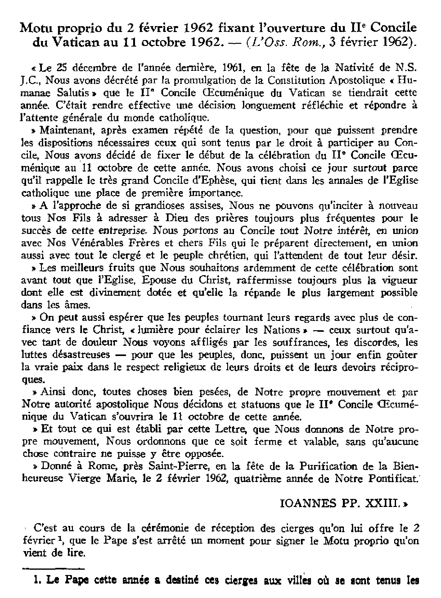 Exhortation apostolique du 6 janvier 1962 au clergé: la récitation de l'Office divin pour le succès du Concile