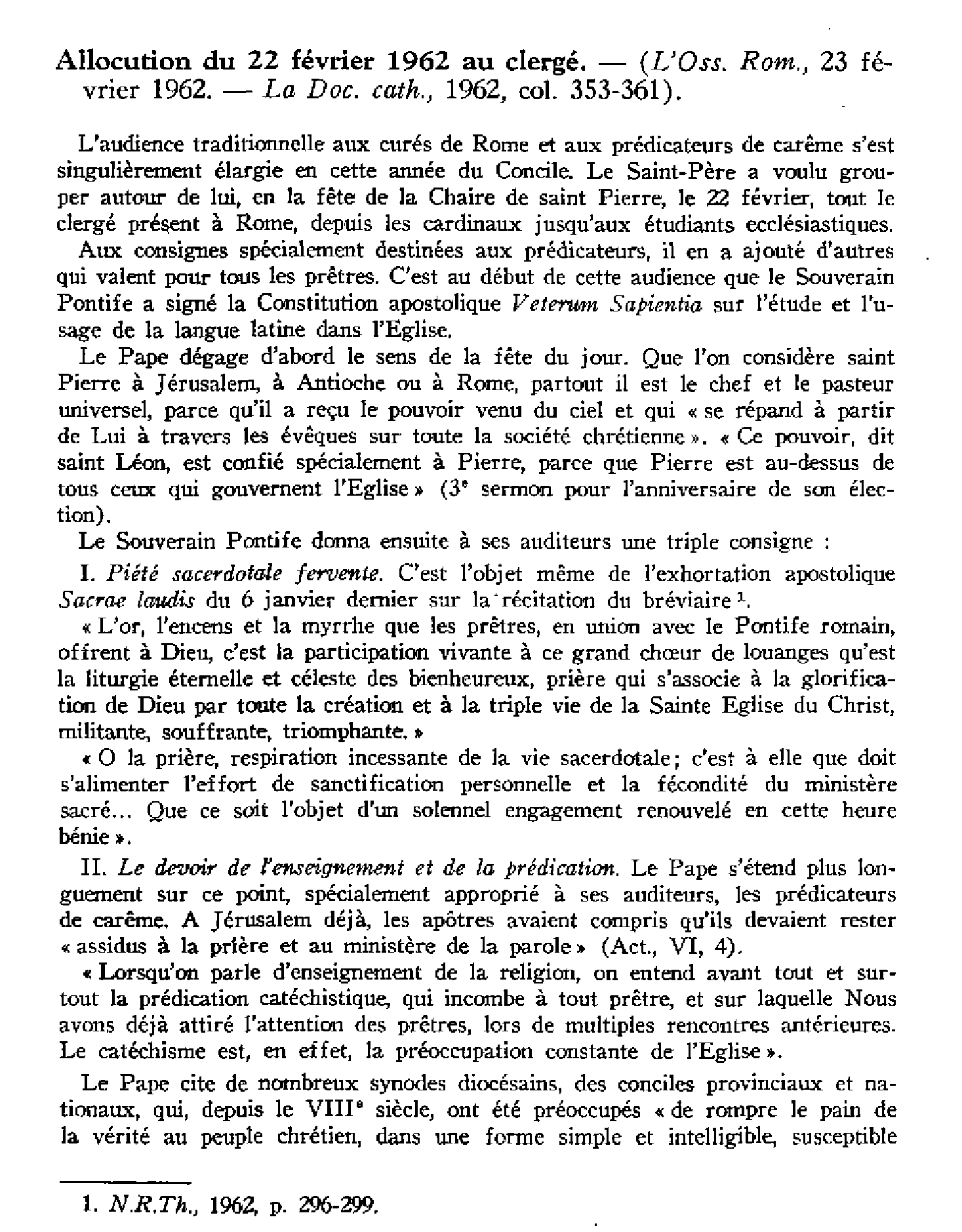 Le développement de l'étude du latin. Constitution apostolique Veterum Sapientia du 22 février 1962