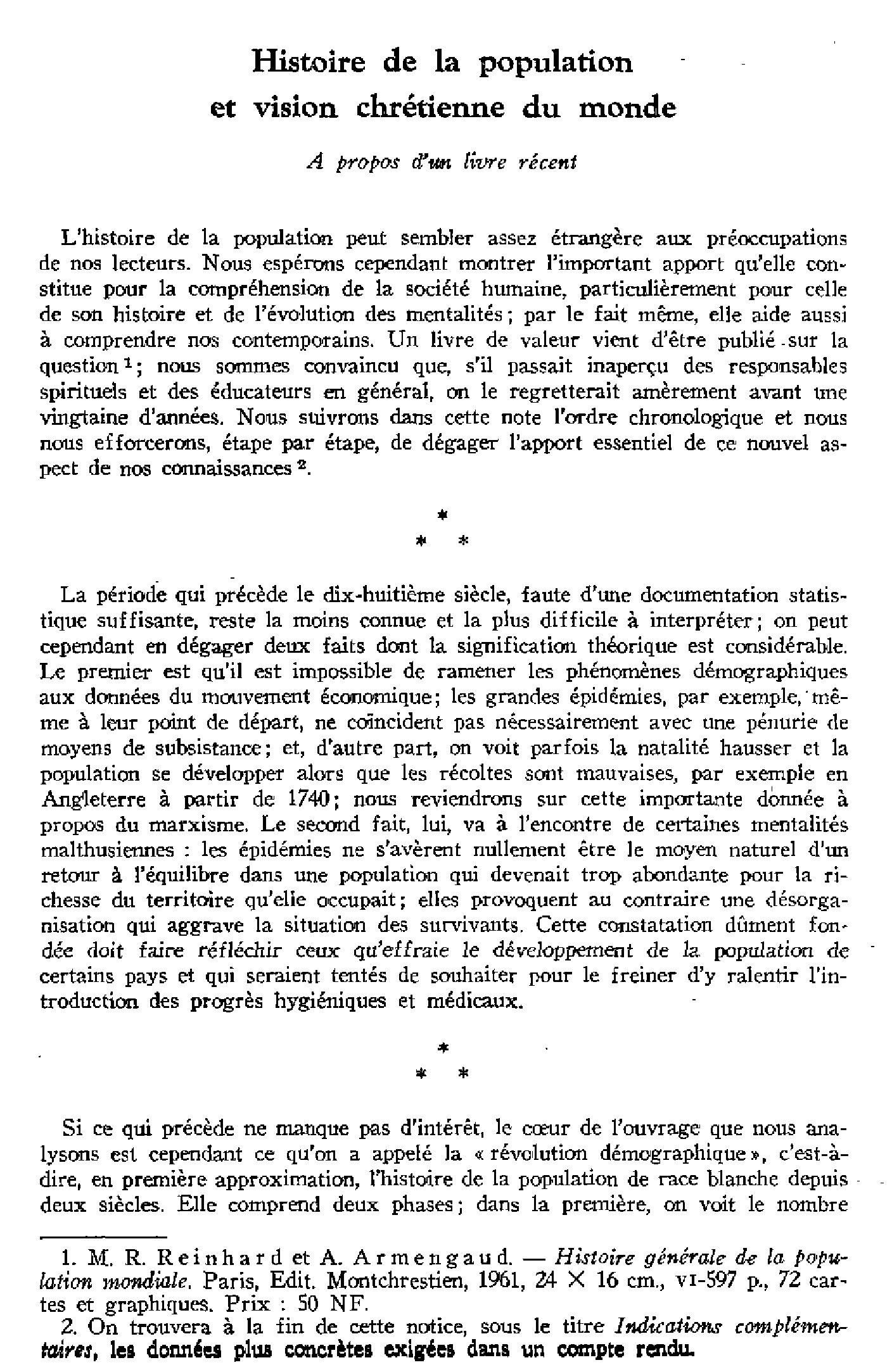Histoire de la population et vision chrétienne du monde