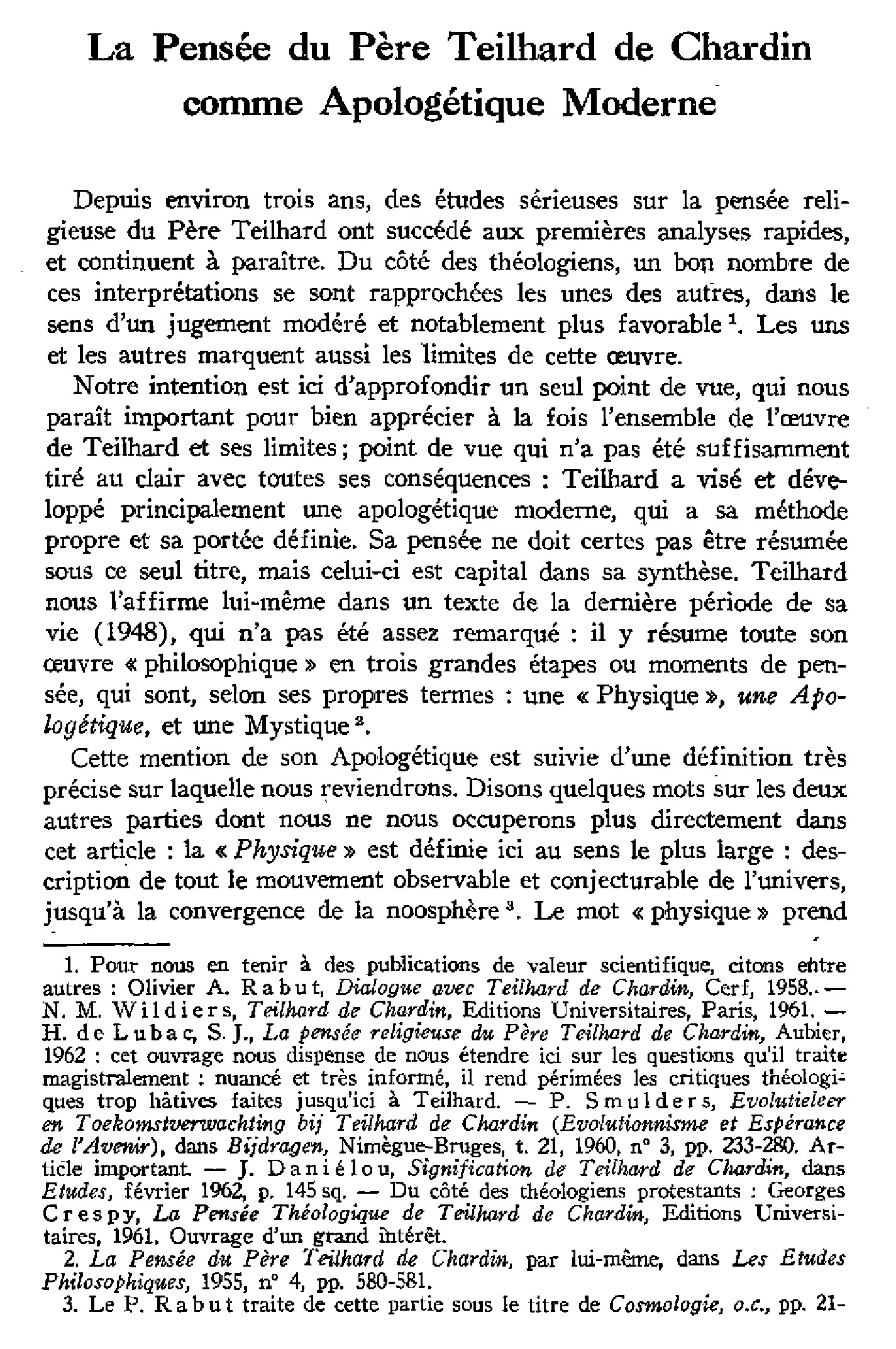 La pensée du P. Teilhard de Chardin comme Apologétique Moderne
