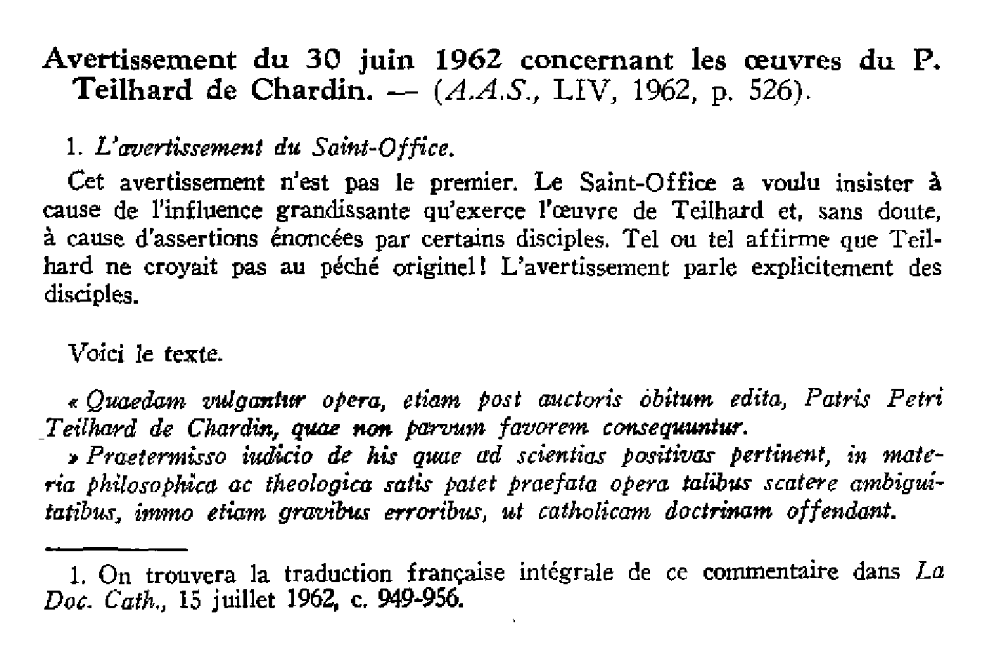 Avertissement du 30 juin 1962 concernant les oeuvres de Teilhard de Chardin