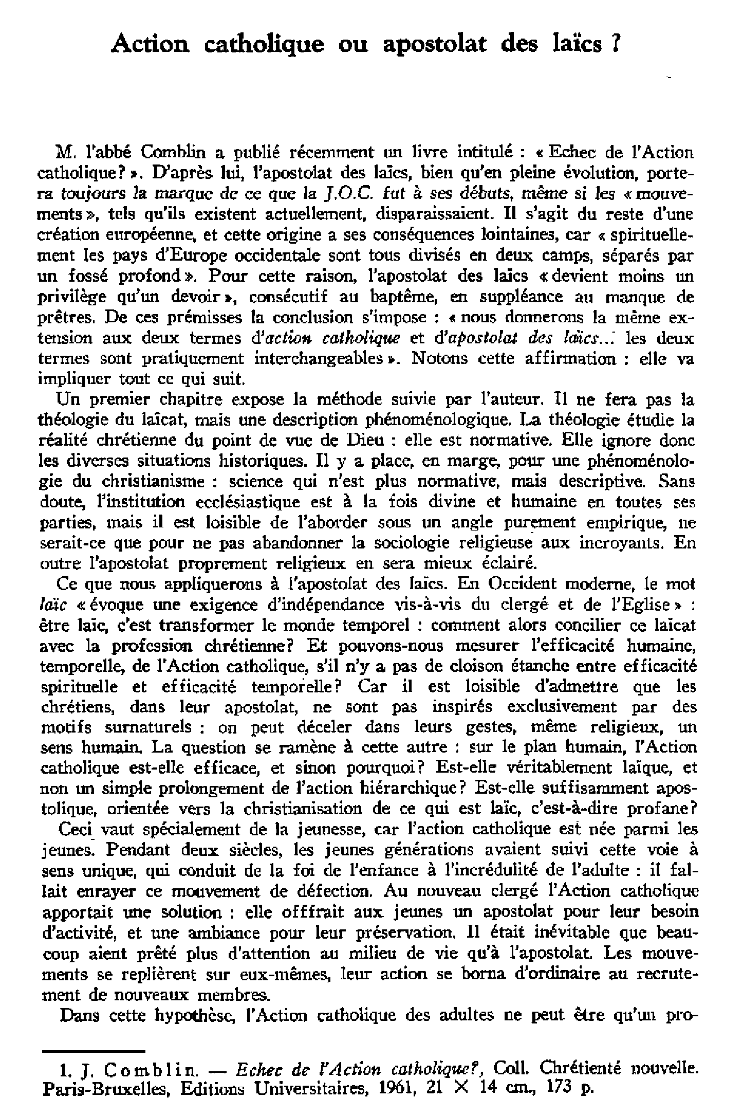 Action catholique ou apostolat des laïcs. À propos d'un livre récent