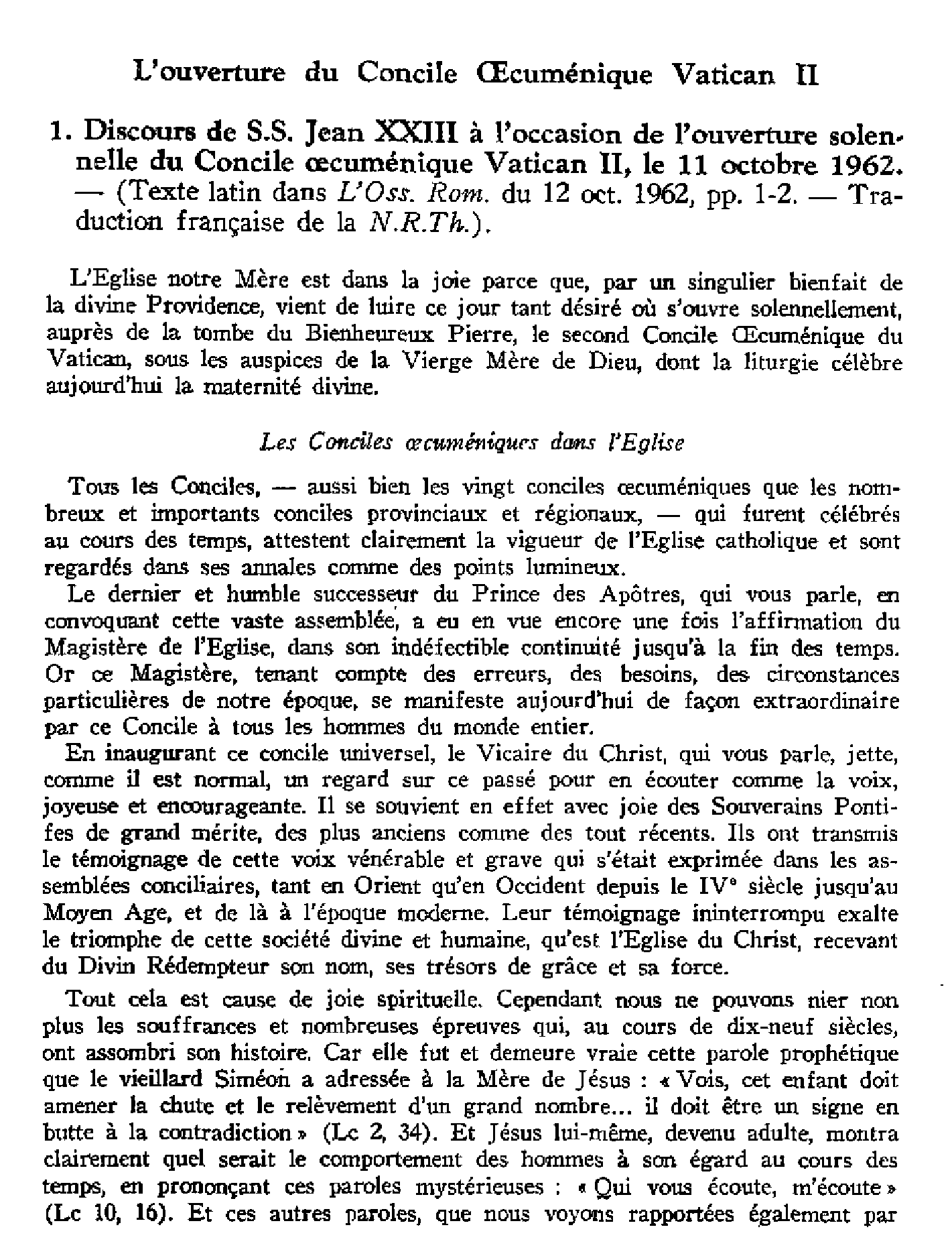 L'ouverture du Concile Oecuménique - discours et allocution du pape Jean XXIII et autres