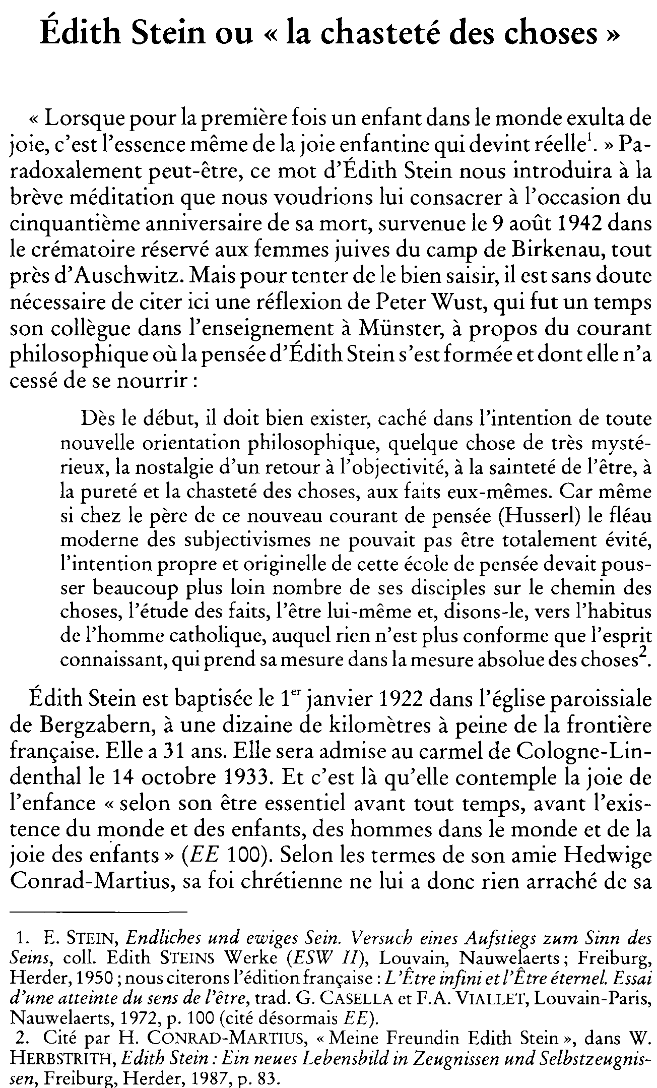 Édith Stein ou la «chasteté des choses»