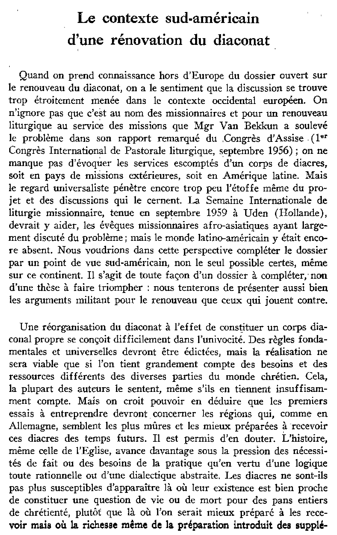 Le contexte sud-américain d'une rénovation du diaconat
