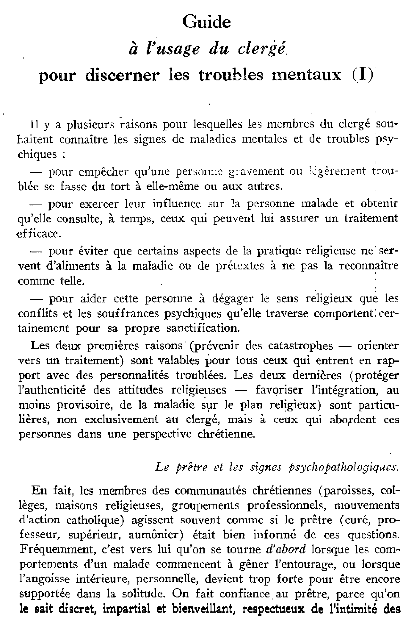 Guide à l'usage du clergé pour discerner les troubles mentaux (I)