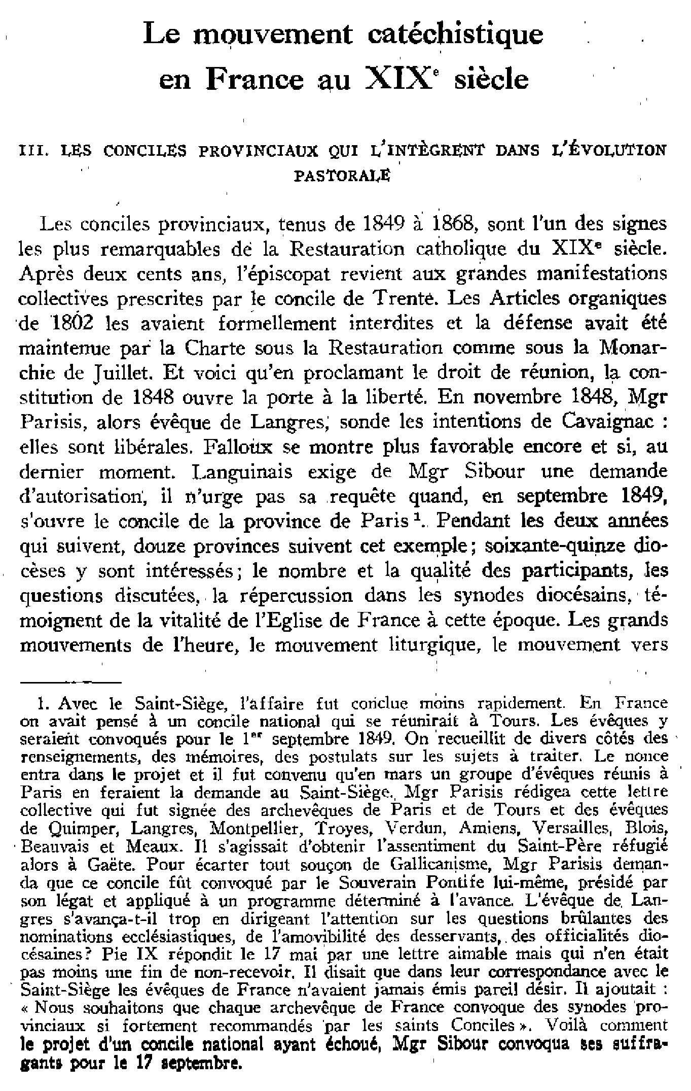 Le mouvement catéchistique en France au XIXe siècle (III)