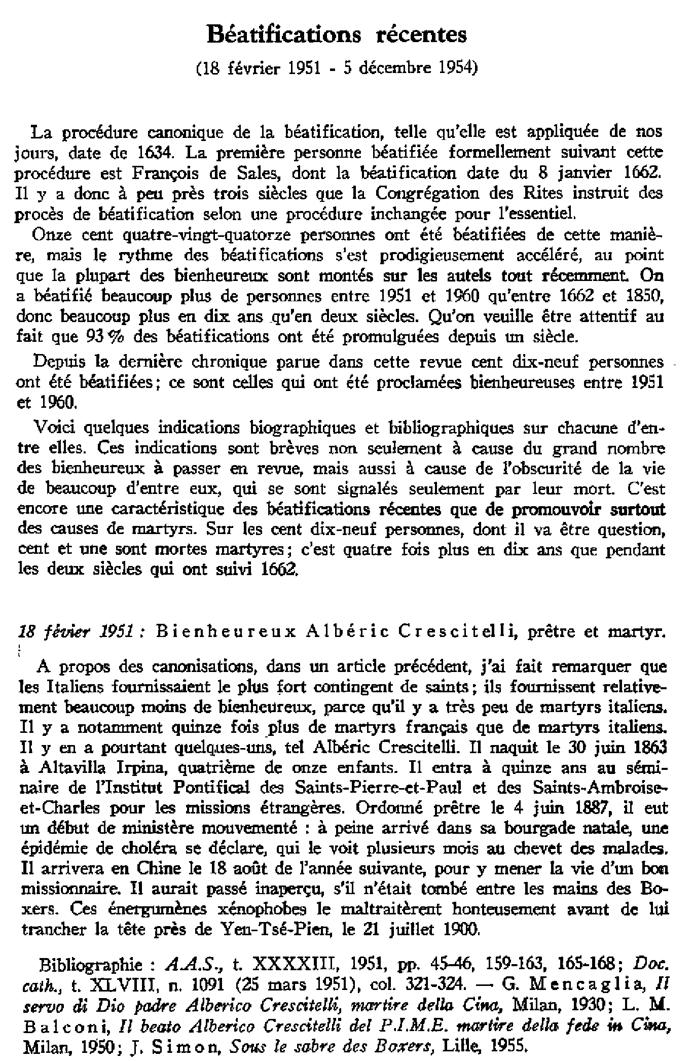 Béatifications récentes (18 fév. 1951-5 déc. 1954)