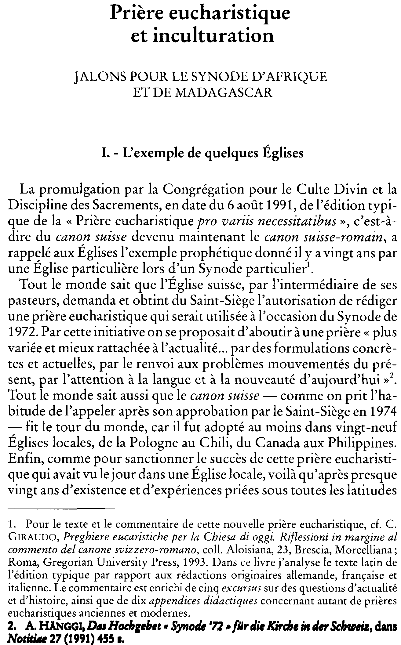 Prière eucharistique et inculturation. Jalons pour le Synode d'Afrique et de Madagascar