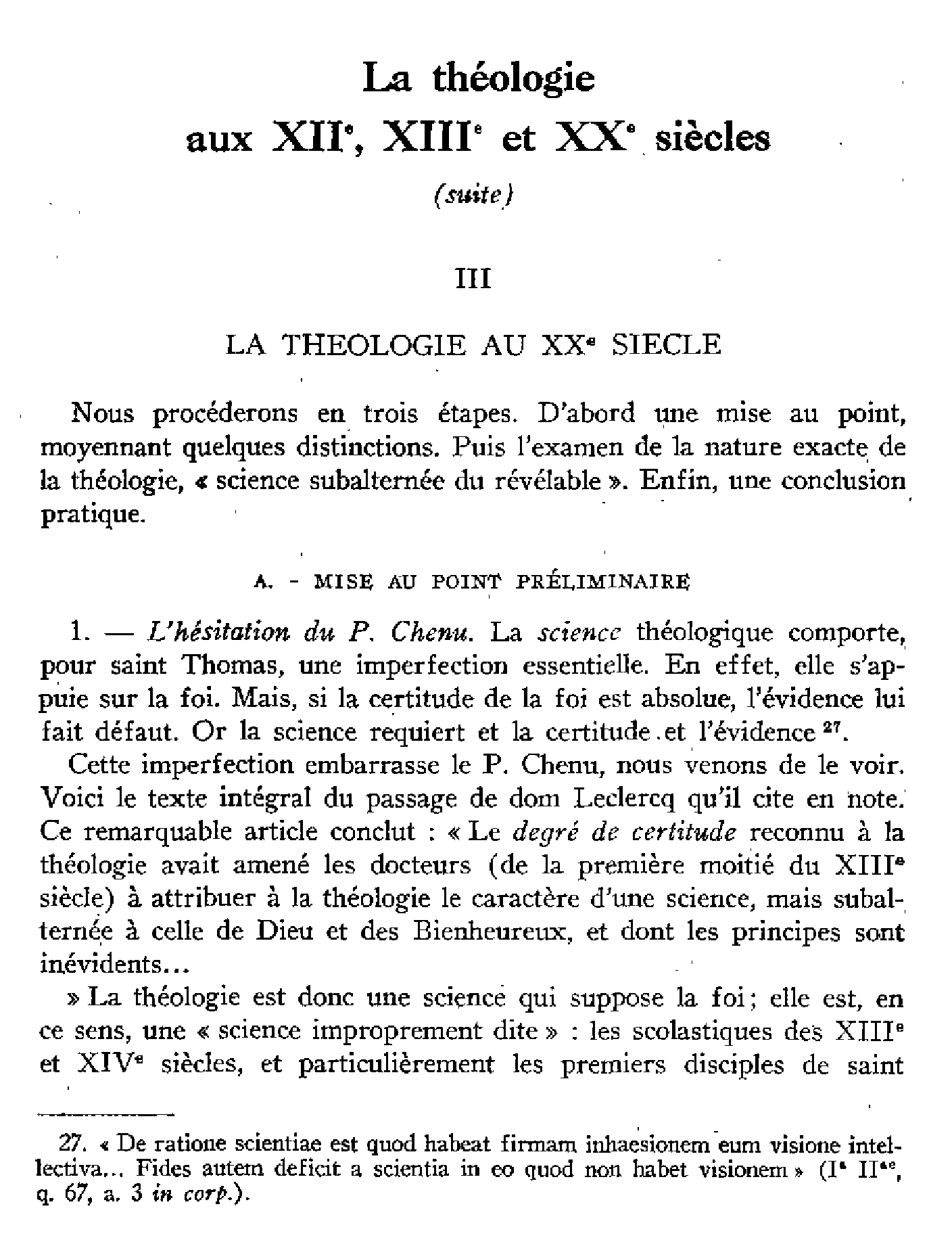 La théologie aux XII, XII et XX siècles (suite)