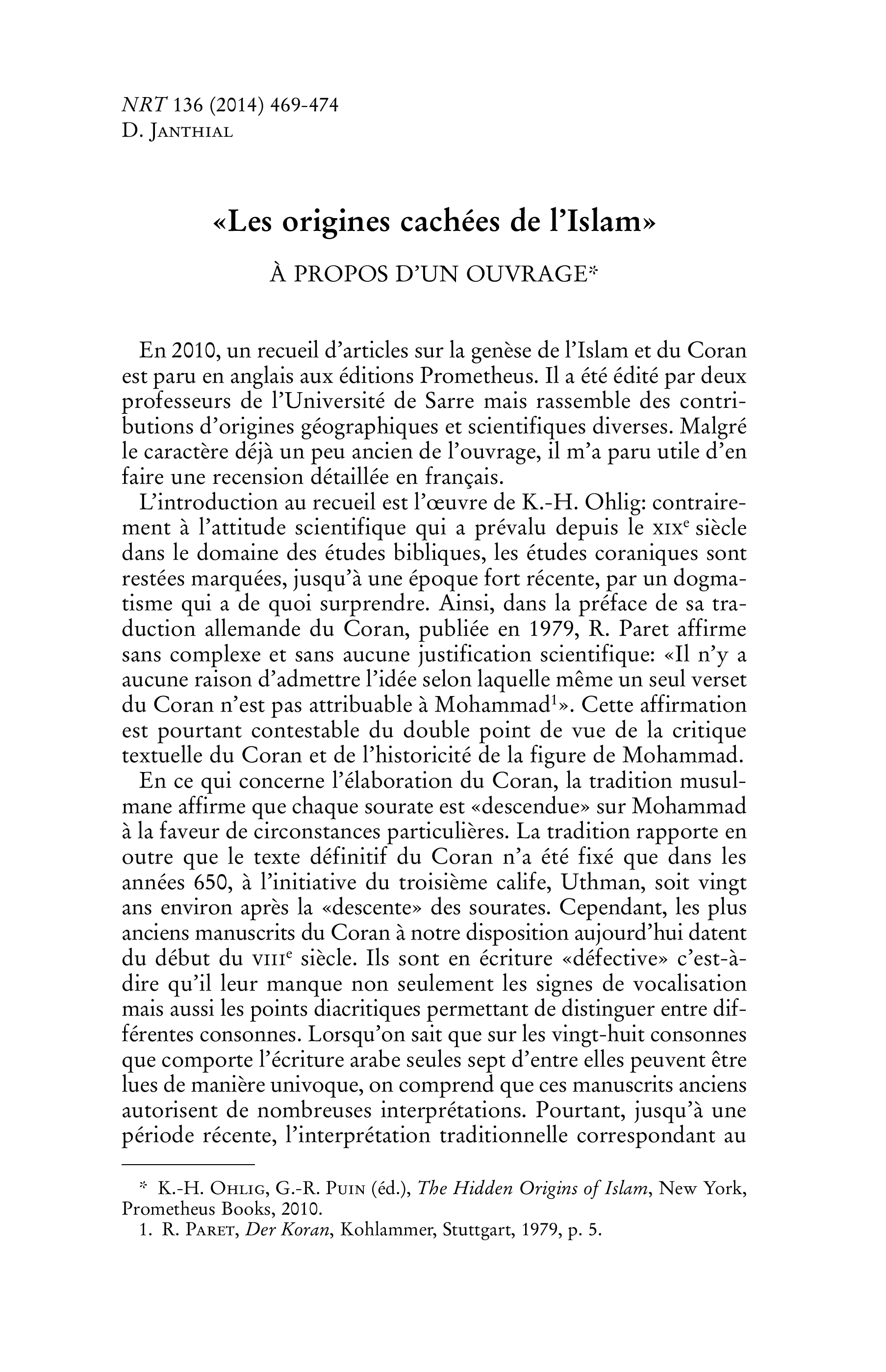 K.-H. OHLIG, G.-R. PUIN (éd.), « The Hidden Origins of Islam ». On a Recent Work