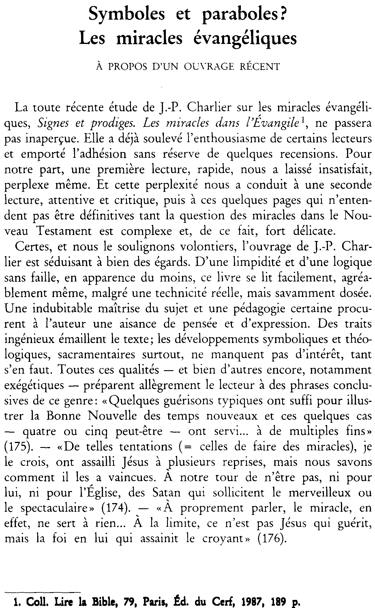 Symboles et paraboles? Les miracles évangéliques. À propos d'un ouvrage récent