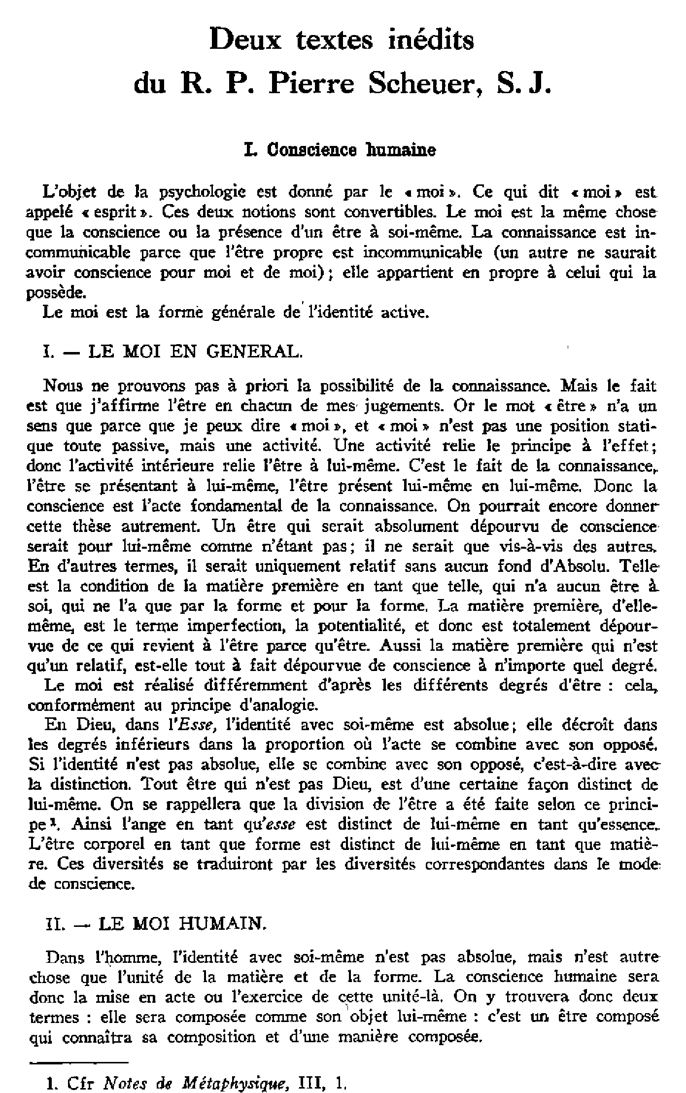 Deux textes inédits : I. Conscience humaine. II. Dieu