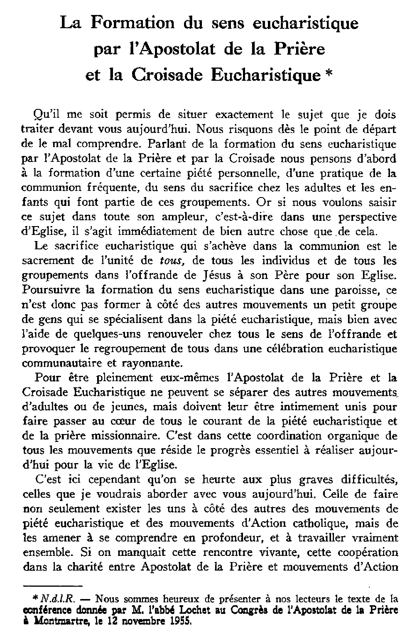 La formation du sens eucharistique par l'Apostolat de la Prière et la Croisade Eucharistique