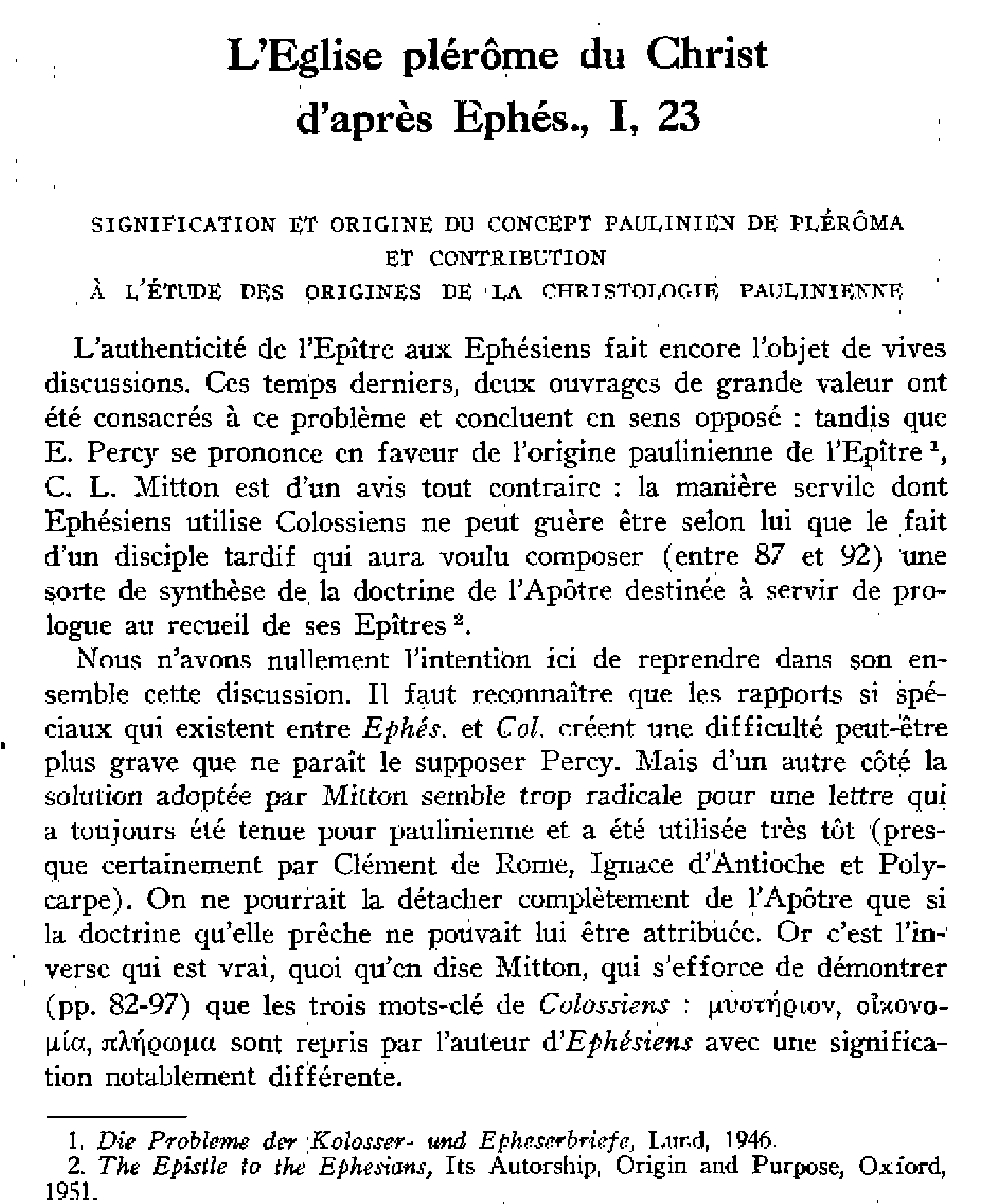 L'Église plérôme du Christ d'après Éphésiens I, 23