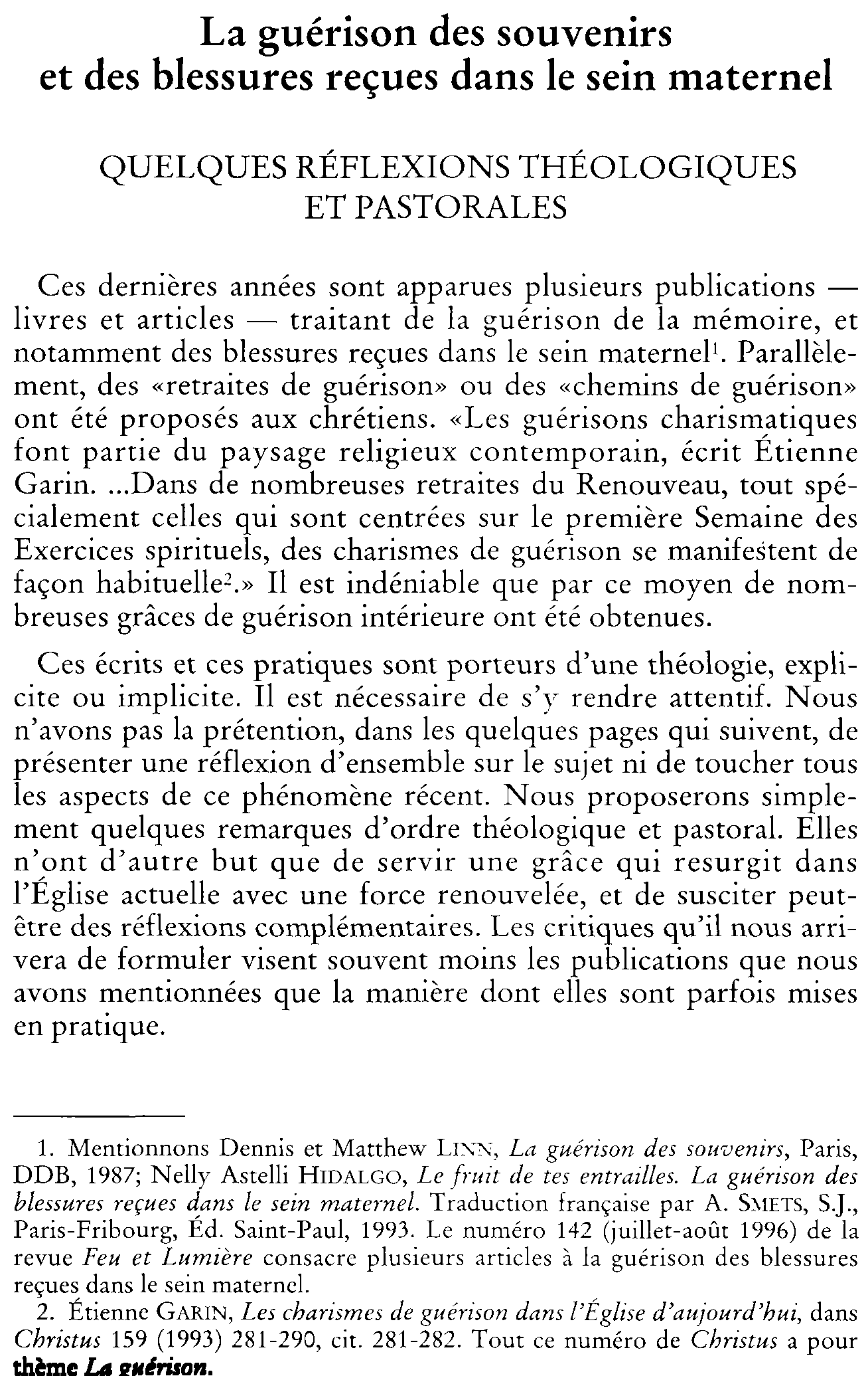 La guérison des souvenirs et des blessures reçues dans le sein maternel. Quelques réflexions théologiques et pastorales