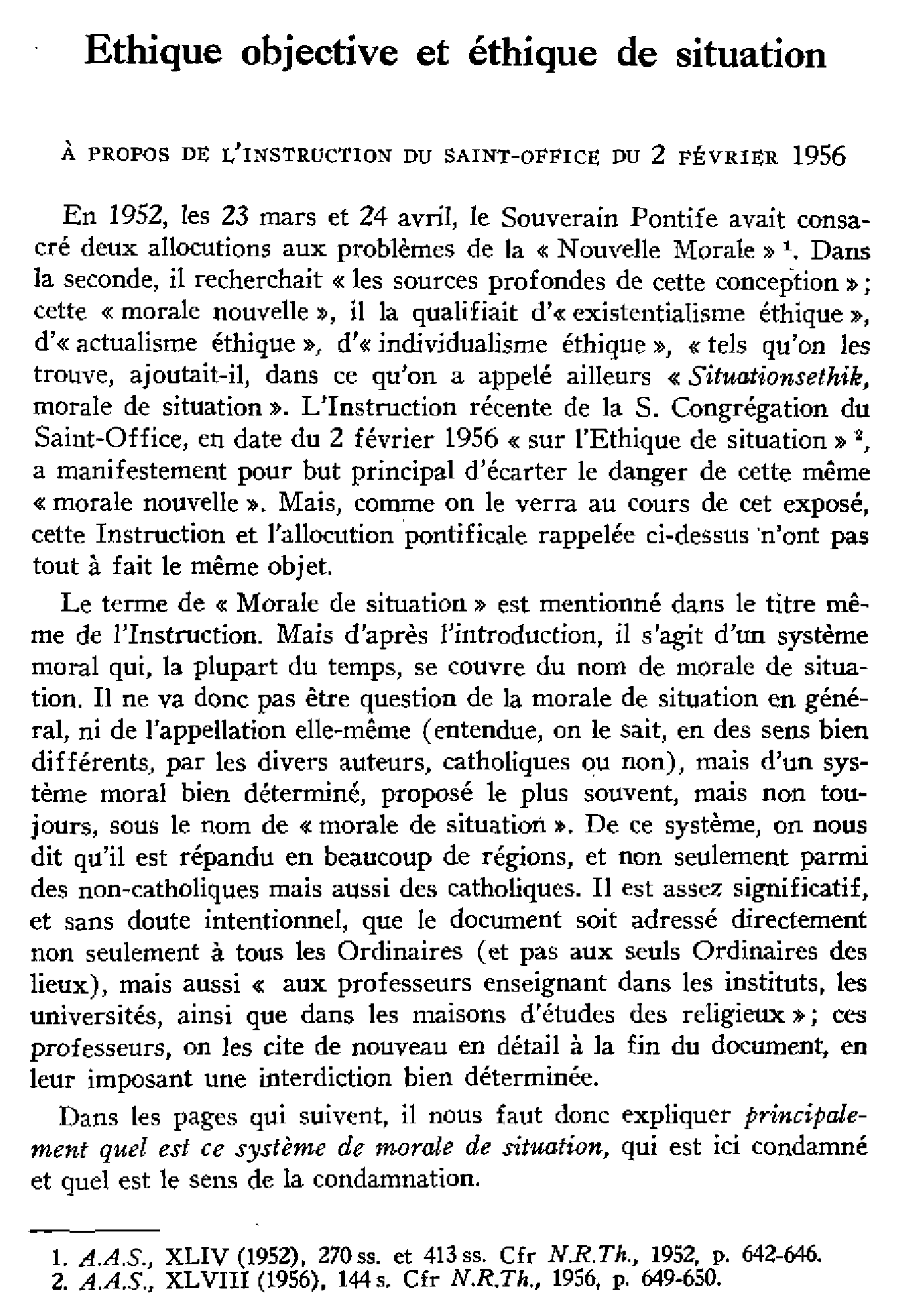 Éthique objective et éthique de situation. À propos de l'Instruction du Saint-Office du 2 février 1956
