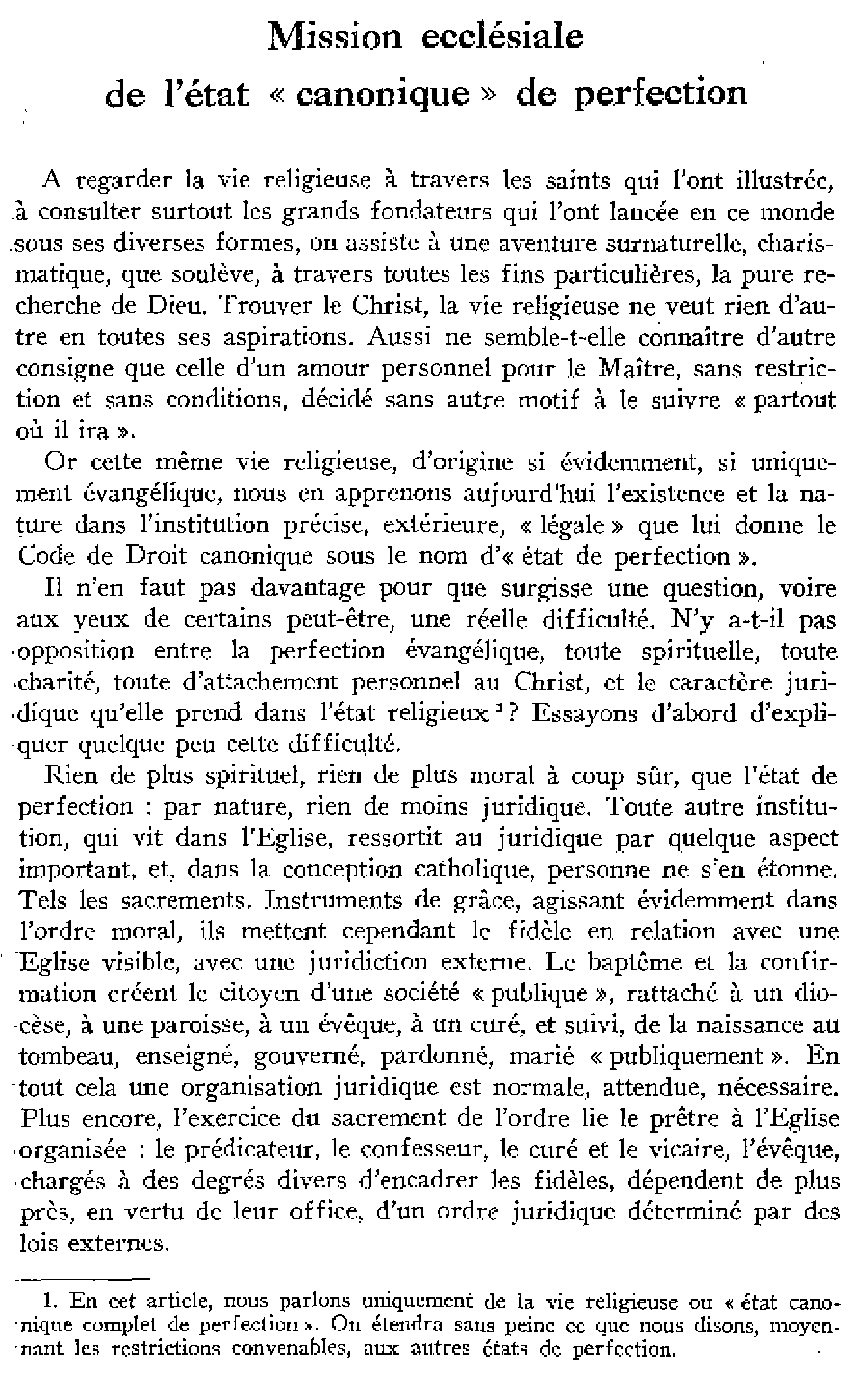 Mission ecclésiale de l'état « canonique » de perfection
