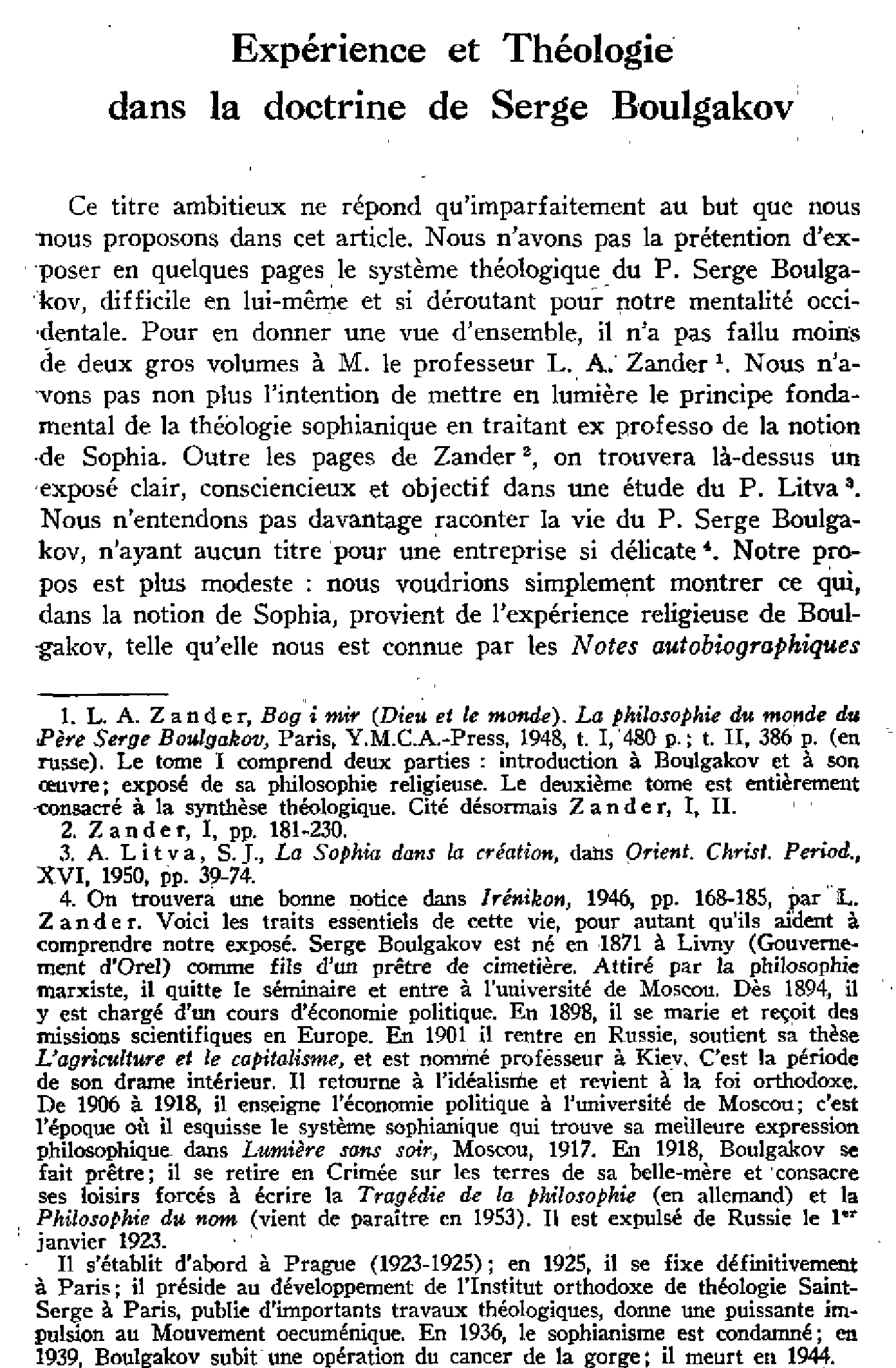 Expérience et Théologie dans la doctrine de Serge Boulgakov