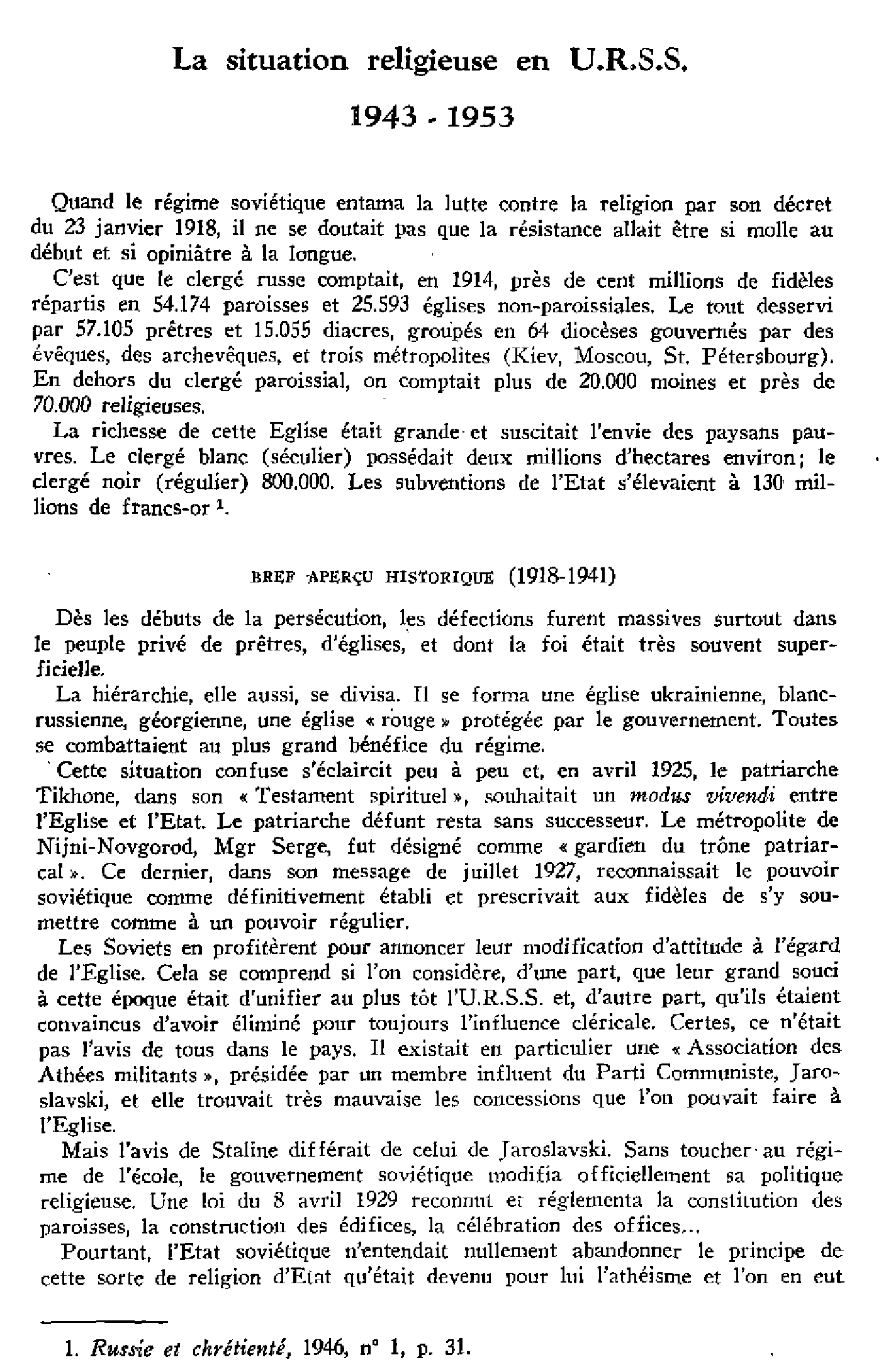 La situation religieuse en U.R.S.S. (1943-1953)