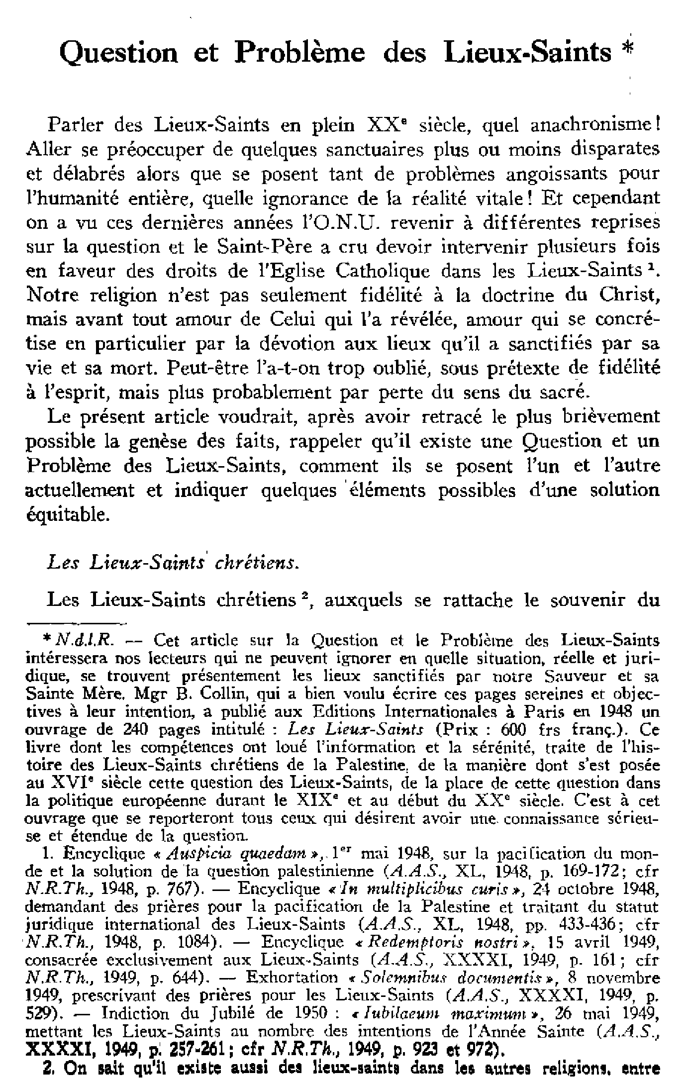 Questions et problèmes des Lieux-Saints
