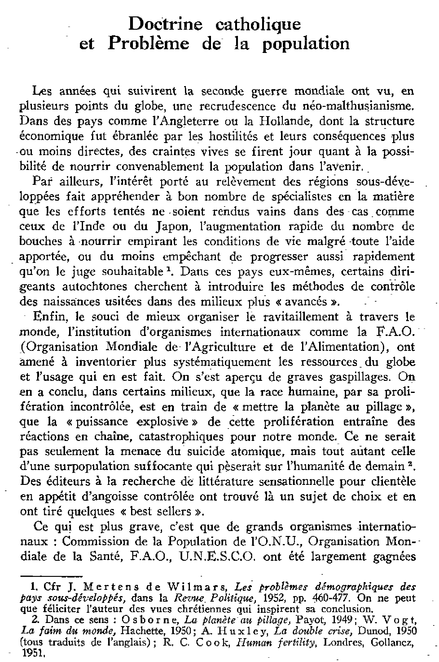 Doctrine catholique et Problème de la population