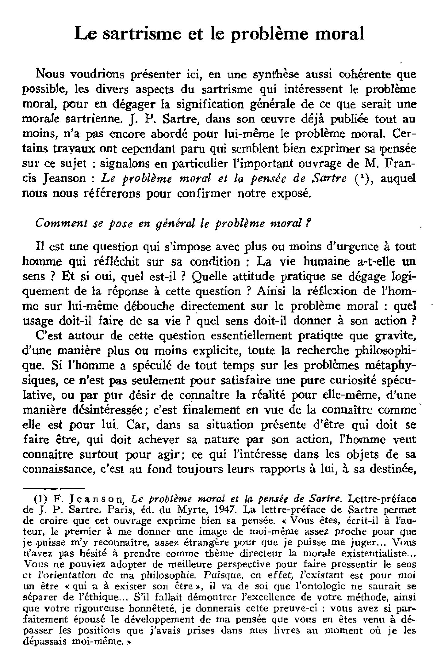 Le sartrisme et le problème moral. I