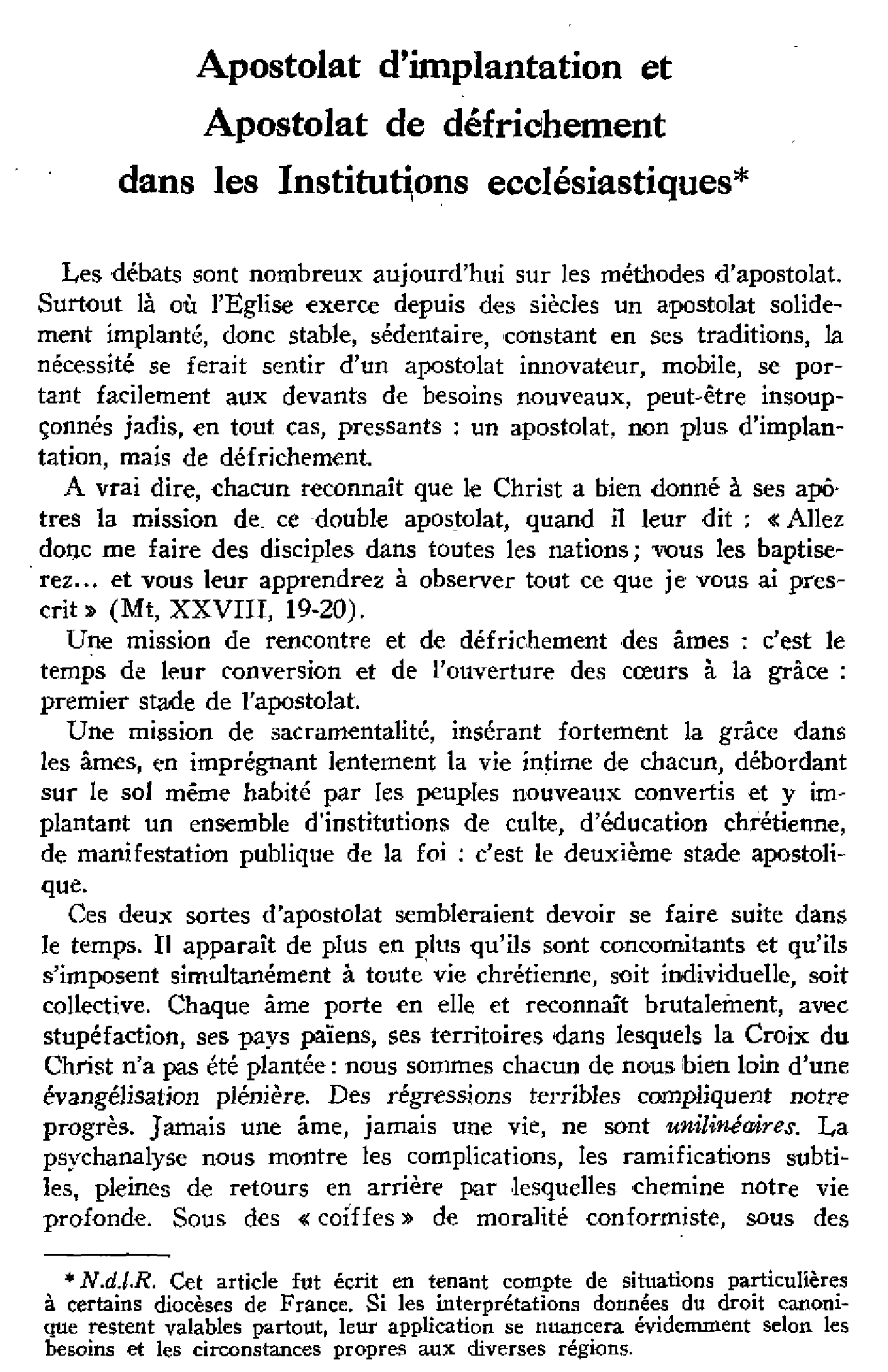 Apostolat d'implantation et Apostolat de défrichement dans les Institutions ecclésiastiques