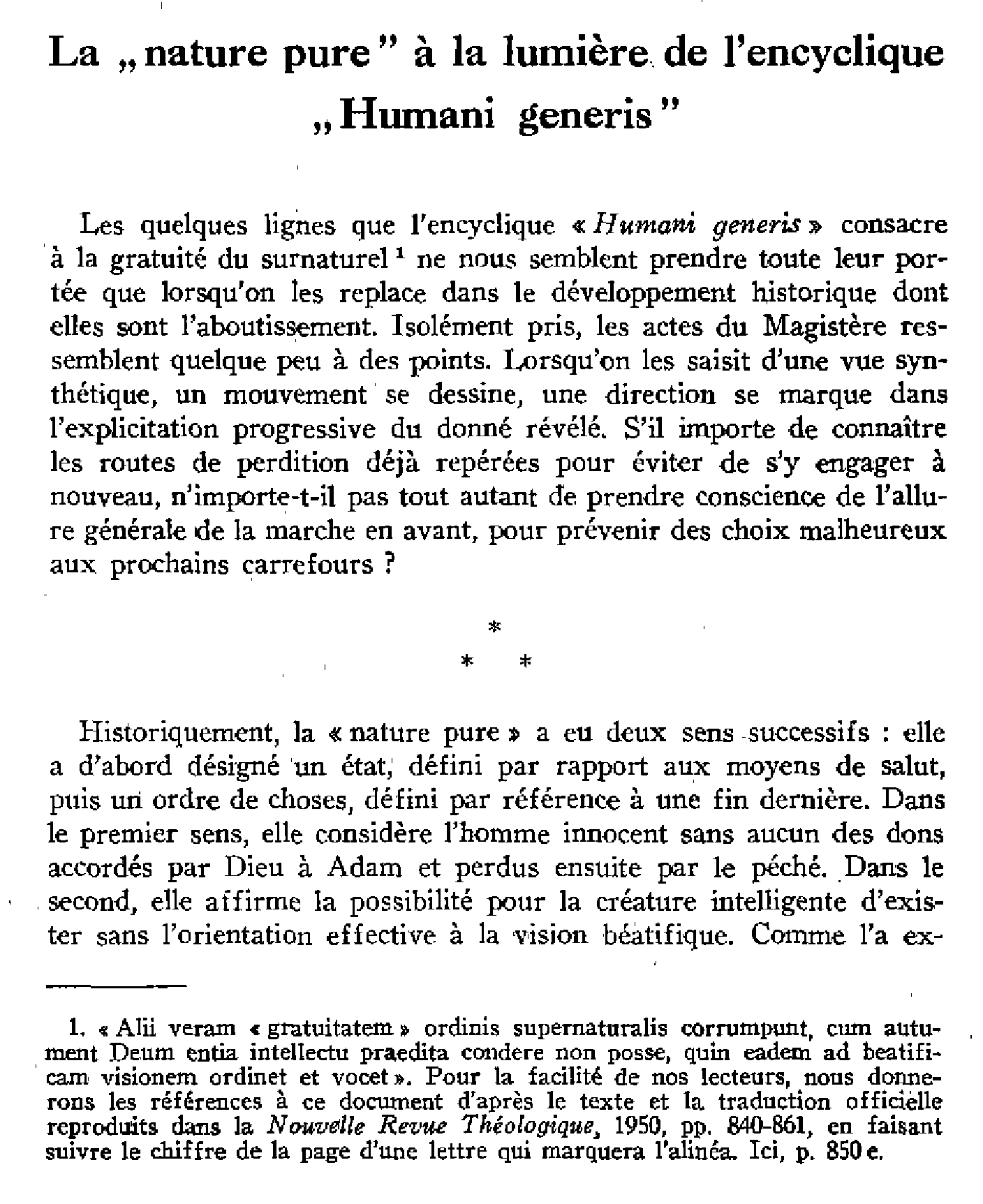 La « nature pure » à la lumière de l'encyclique « Humani Generis »