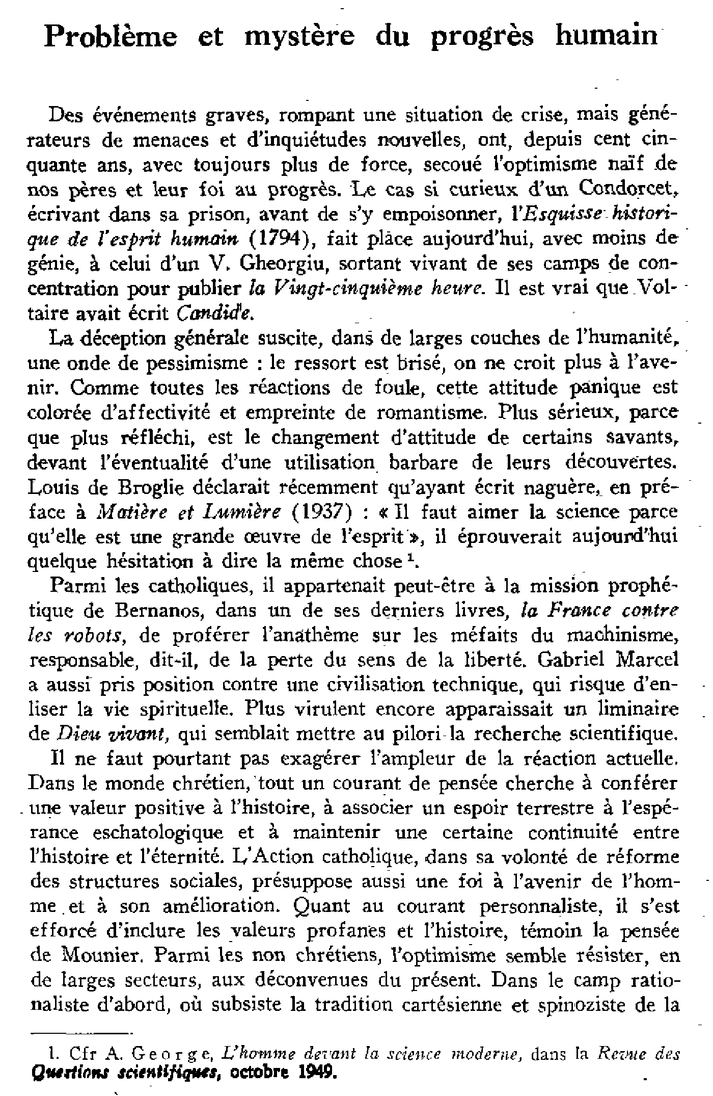 Problème et mystère du progrès humain