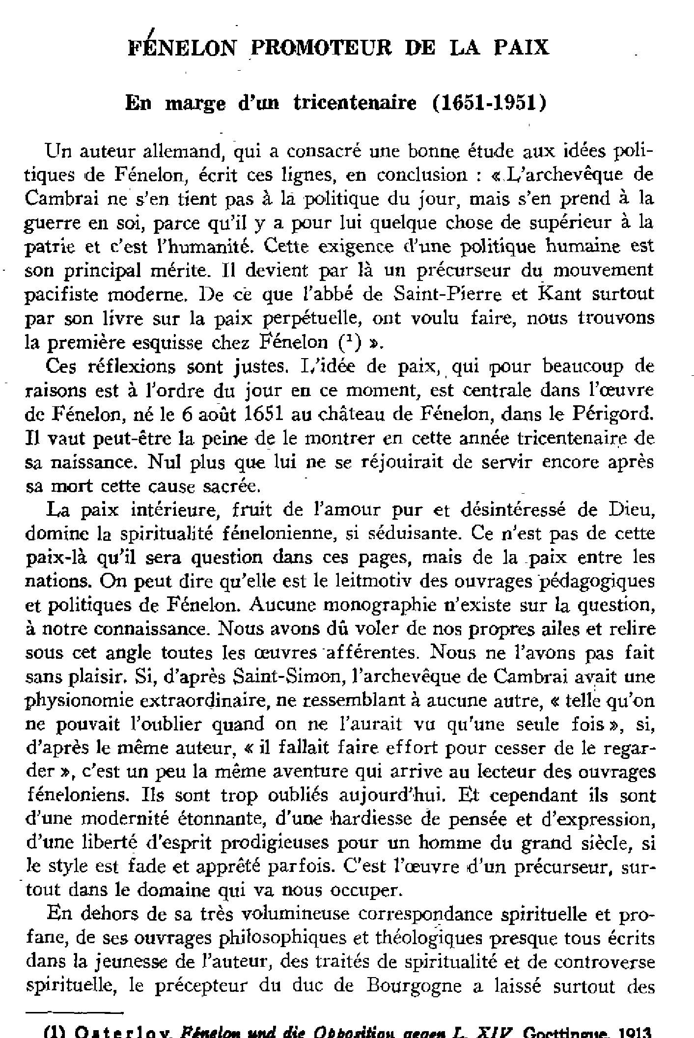 Fénelon promoteur de la paix. En marge d'un tricentenaire (1651-1951)