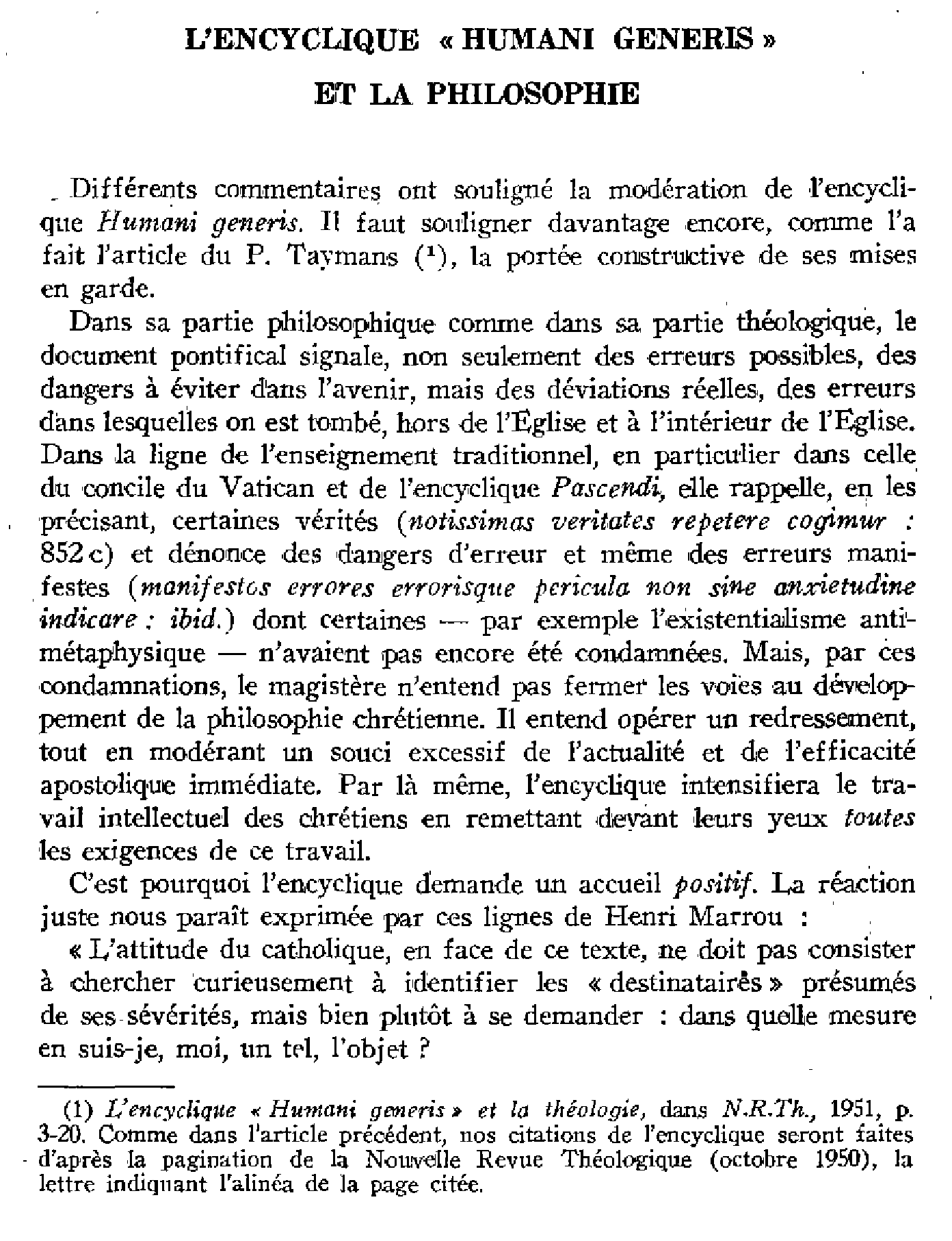 L'encyclique « Humani Generis » et la philosophie