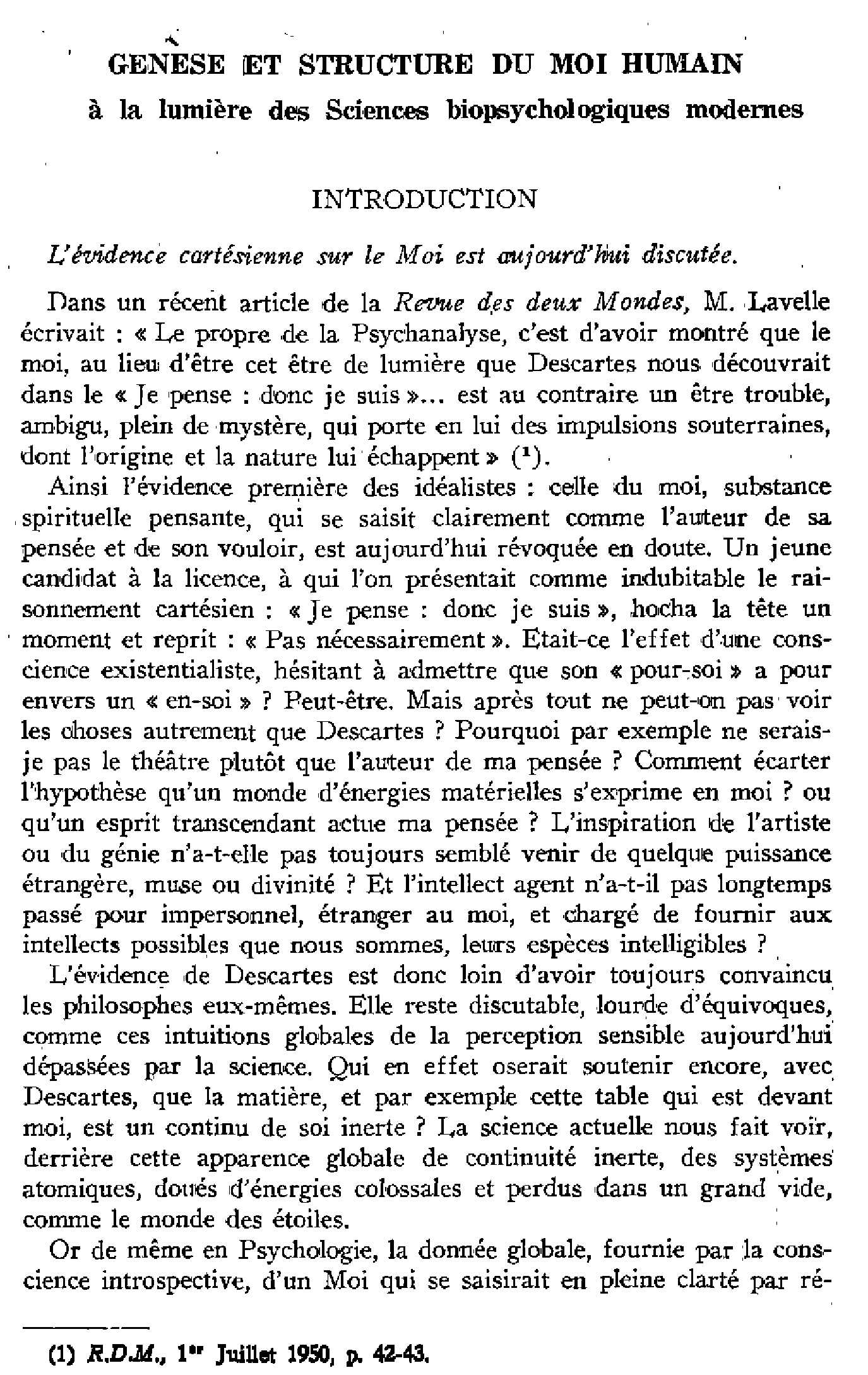 Genèse et structure du moi humain à la lumière des sciences biopsychologiques modernes. I