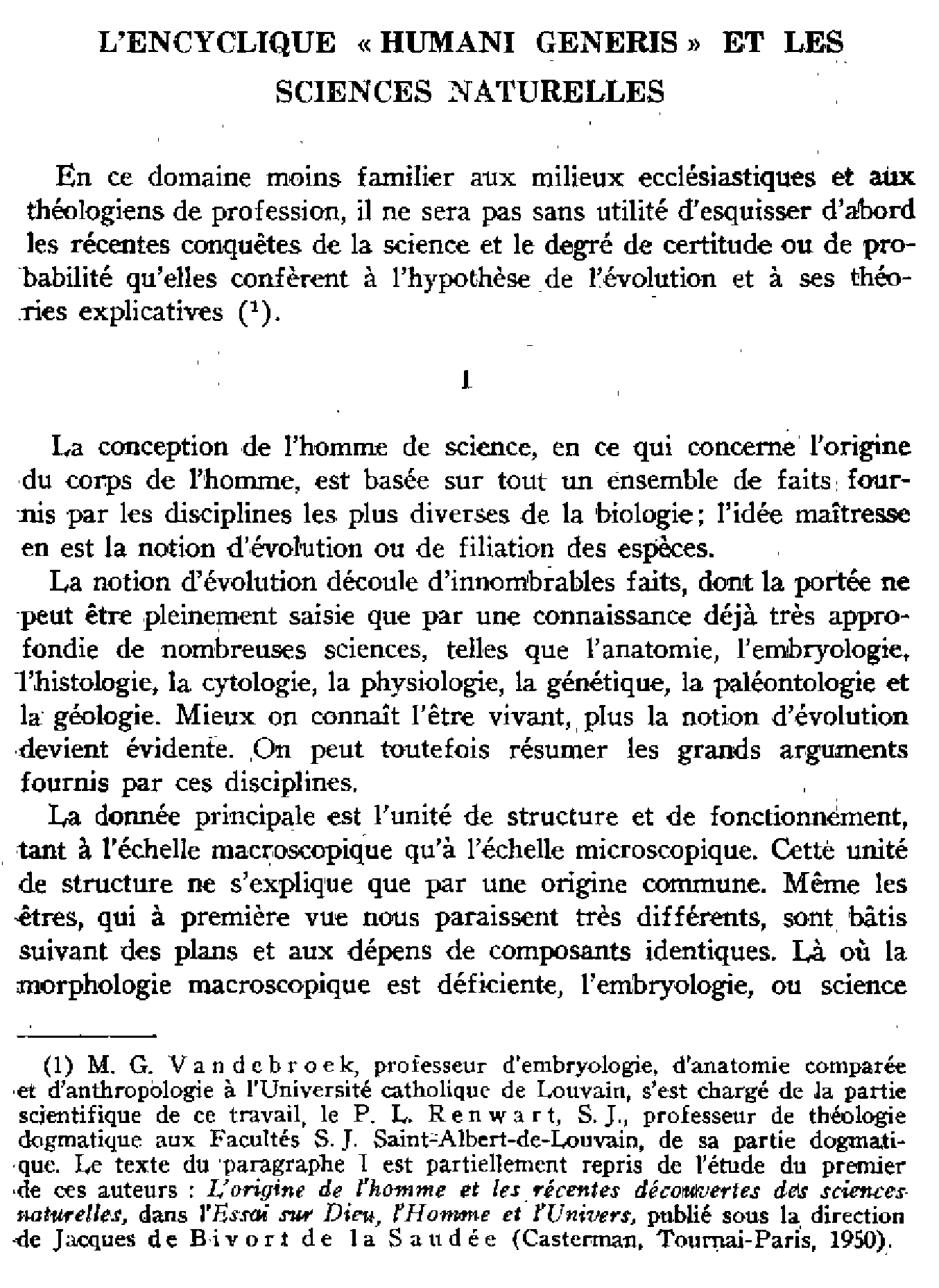 L'encyclique « Humani Generis » et les sciences naturelles
