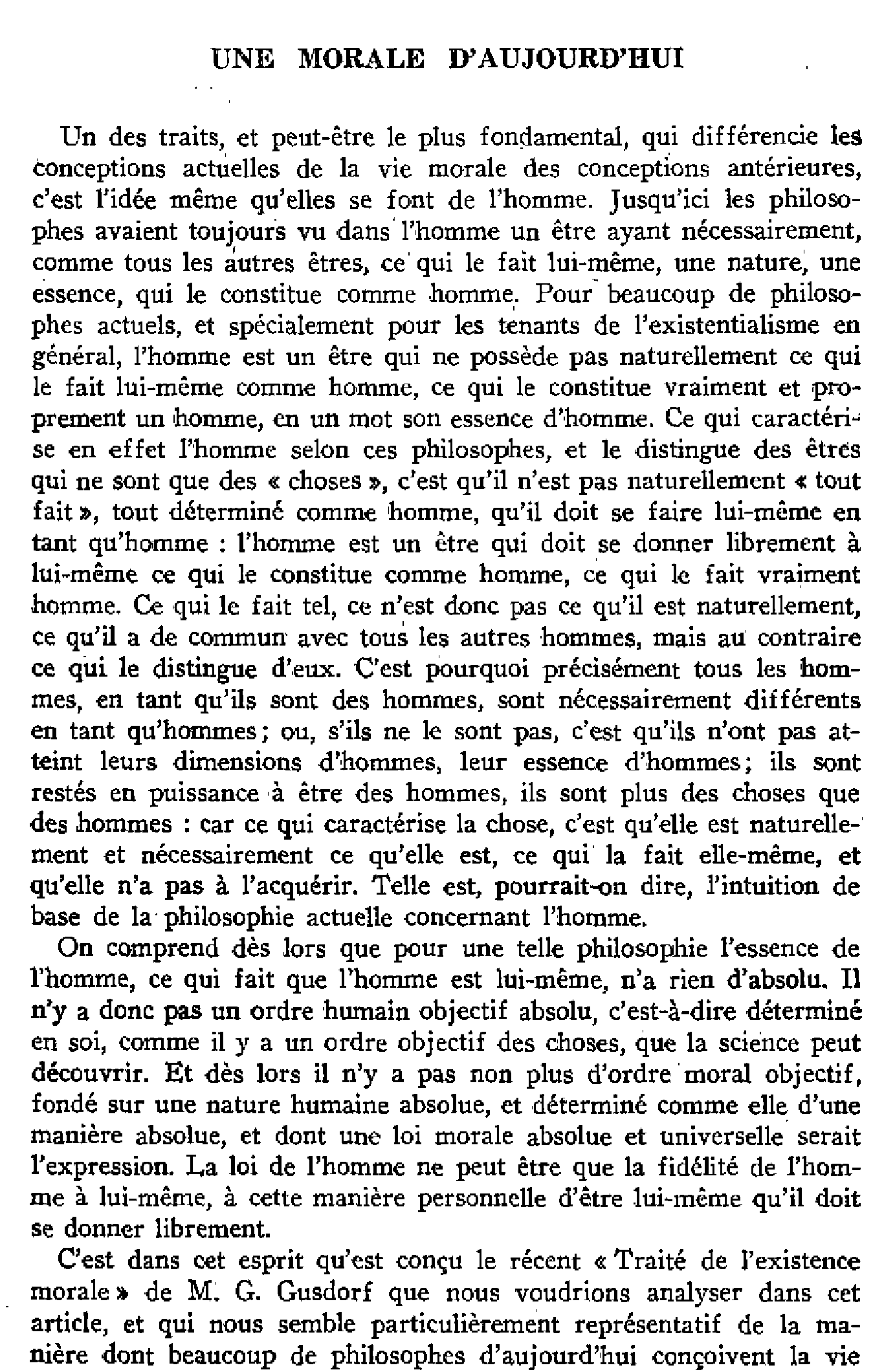 Une morale d'aujourd'hui. I