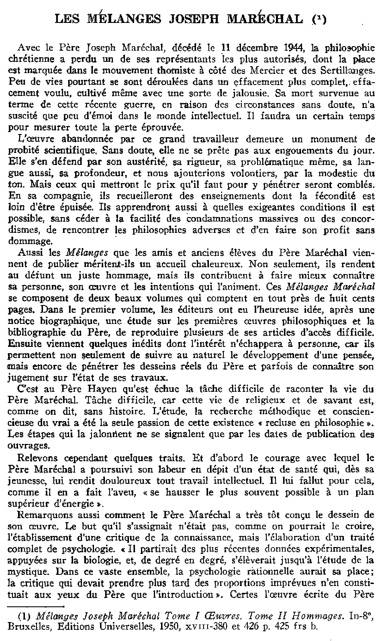 Les mélanges Joseph Maréchal
