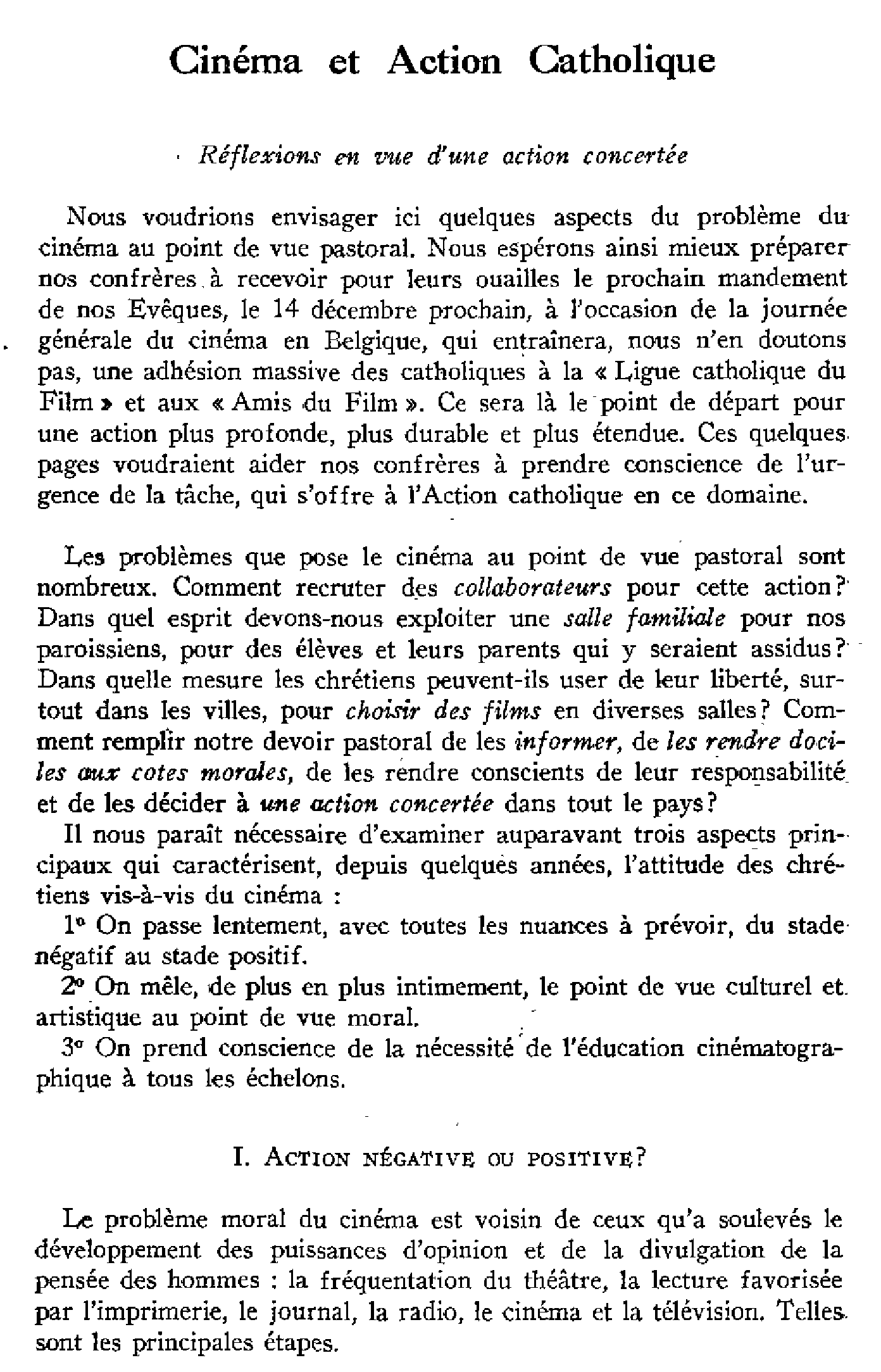 Cinéma et Action catholique. Réflexions en vue d'une action concertée