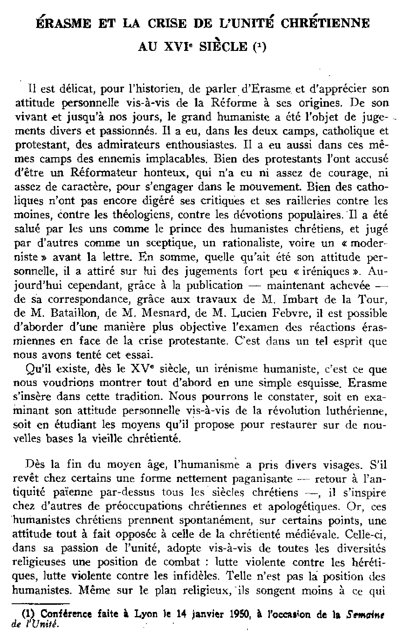 Érasme et la crise de l'unité chrétienne