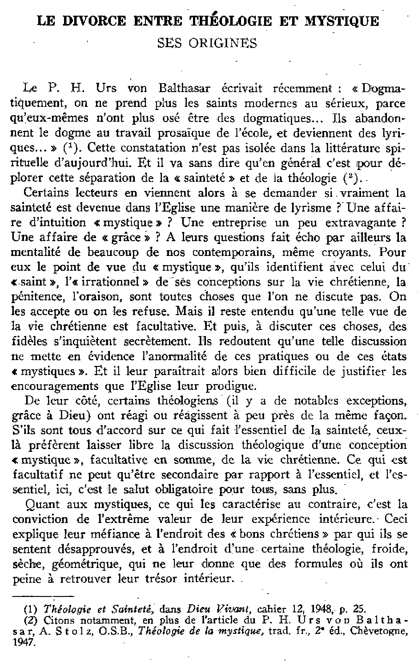 Le divorce entre théologie et mystique