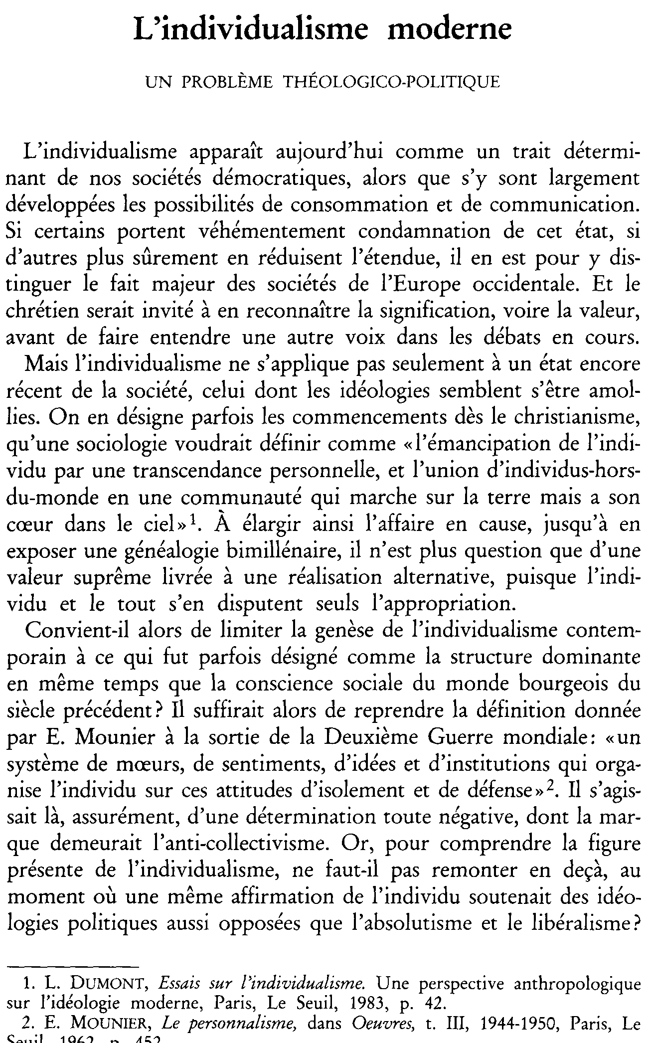 L'individualisme moderne. Un problème théologico-politique