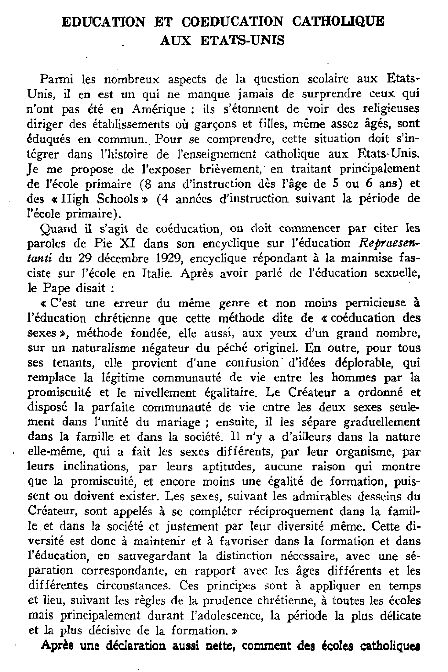 Éducation et coéducation catholique aux États-Unis