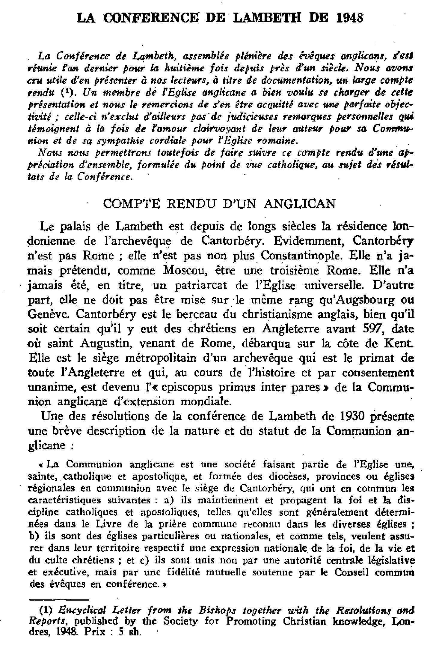 La conférence de Lambeth de 1948. Compte rendu d'un anglican ; commentaire d'un catholique