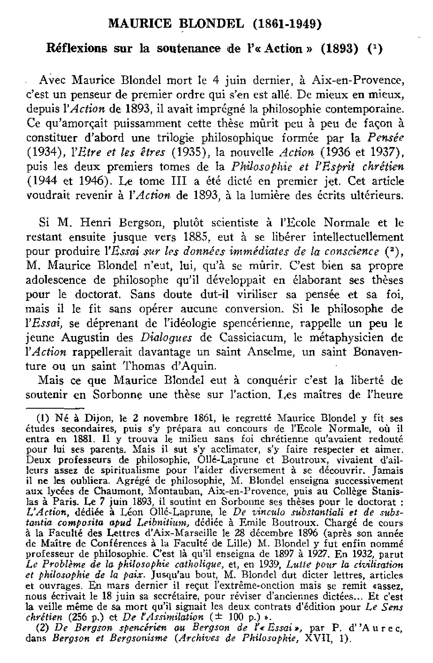 Maurice Blondel (1861-1949). Réflexions sur la soutenance de l'« Action » (1893)