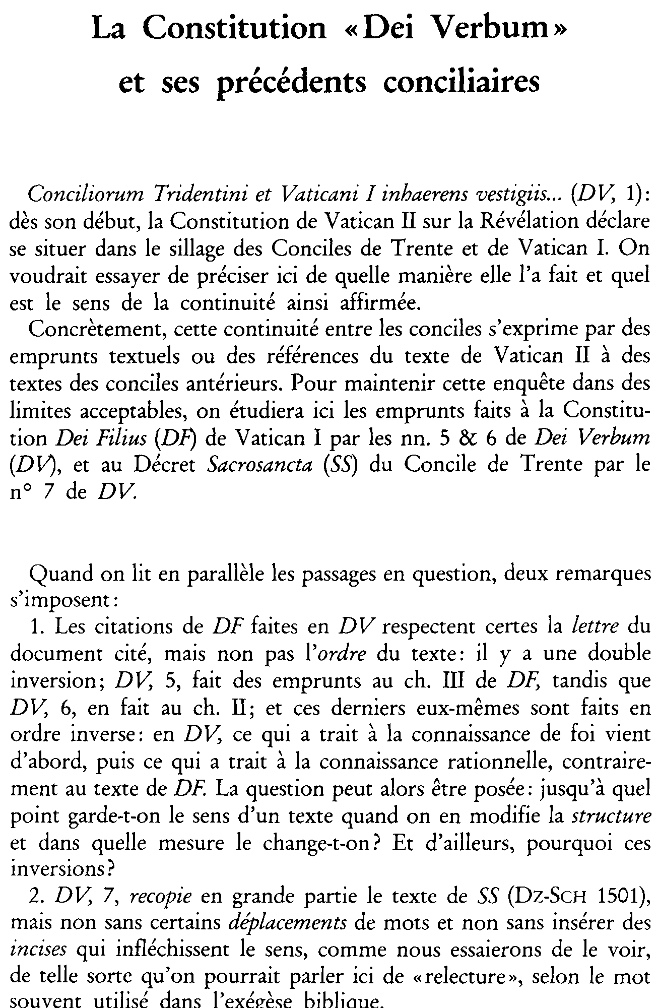 La Constitution «Dei Verbum» et ses précédents conciliaires